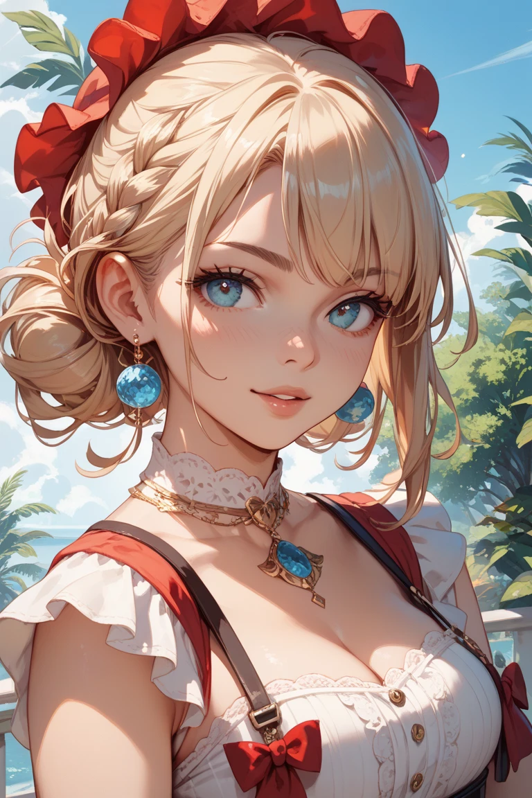 masterpiece, Ultra-high-definition CG, Highest quality, Perfect photo, Colorful sunset,Lydia by the pond,Beautiful details in the eyes,Beautiful Lips,Earrings,collar,blonde high ponytail,blue eyes,Red hair ribbon,smile,looking happily at the audience,Wearing a sexy karate costume