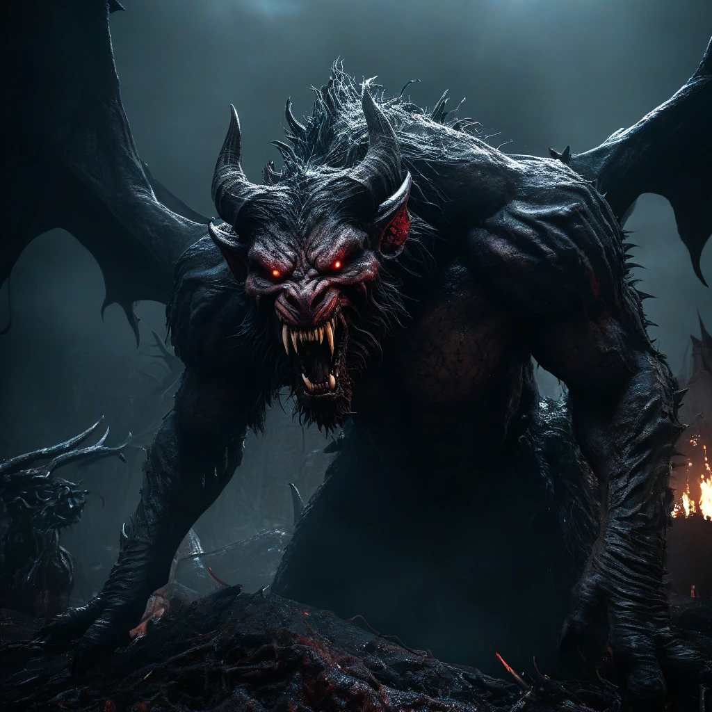 Horror-themed cinematic film still,a horrifying red-skinned male demon king, (full body portrait:1.3), (detailed monstrous evil face:1.4), screaming, wide spread bat like wings, (detailed scaly skin texture:1.2), long curved horns, (in hell, swirling tormented souls, billowing smoke:1.5), black spiky armor,, shallow depth of field, vignette, highly detailed, high budget, bokeh, cinemascope, moody, epic, gorgeous, film grain, grainy . Eerie, unsettling, dark, spooky, suspenseful, grim, highly detailed