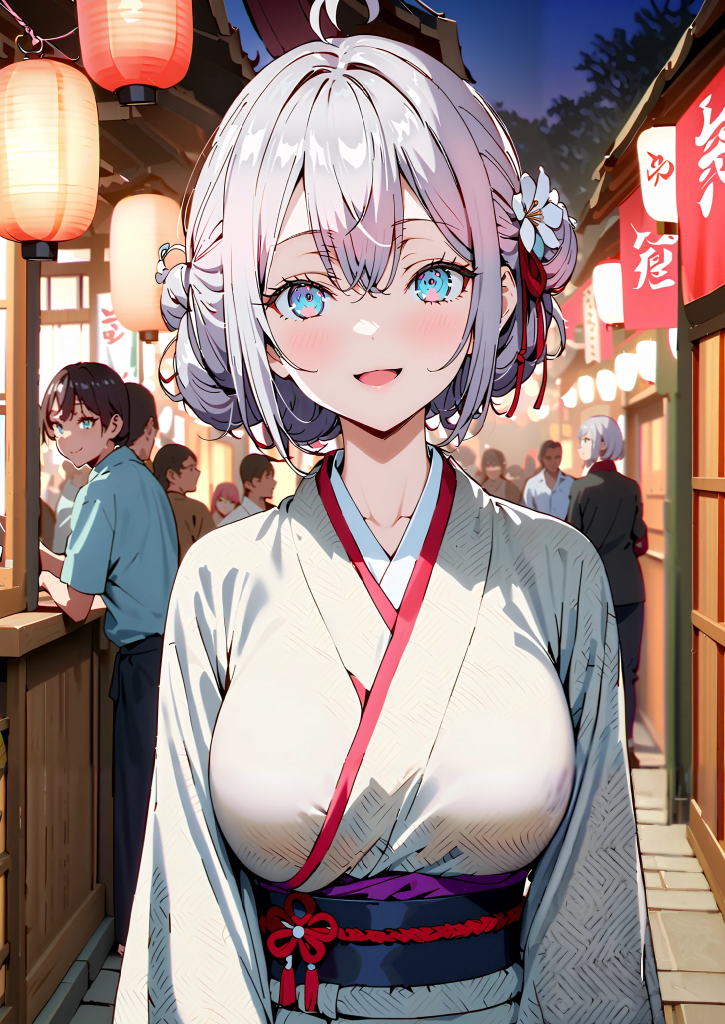 Alisa Mikhailovna Kujo, bungs, blue eyes, stupid hair, Gray Hair, side lock,bun hair,Nape,Big Breasts,Flower Hair Ornaments,White flower pattern kimono,smile,cover,opens her mouth,standing,Light up fireworks,Red Lanterns,Japanese stalls ,night,full bodyがイラストに入るように,break outdoors, Japanese festival,
break looking at viewer,full body,,
break (masterpiece:1.2),top quality , kampala,unity 8k 壁紙,(shape:0.8),( fine and beautiful eyes :1.6),It's a person ,full body写真,CG Details , (perfect hands,complete anatomy),