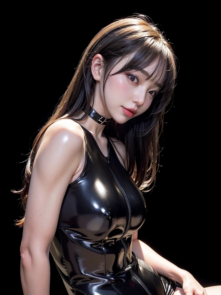(photoRealstic:1.4)、(Ultra-realistic realism:1.4)、(hentail realism:1.3)、(Gentle lighting:1.05)、(Improved cinematic lighting:0.9)、32 k、(bionde:0.9)1 girl in、Realistic illumination、Back lighting、Ray traching、(Image enhancement:1.4)、(top quality genuine leather:1.4)、(Beauty of skin texture: 1.1)、(japanes:1.2)、(black latex set 1.5)、Shoulders out、hairarmpits、black latex gloves、(busty figure:1.4)、Curvaceous body, greybackground,