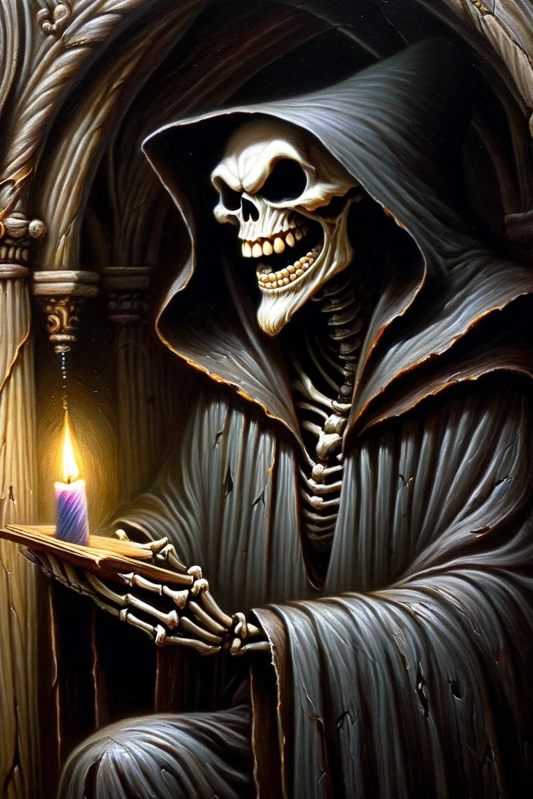 (((Tarot cards scattered in the air))),Divination,Skeleton in black cloak,It sits on the table,Glowing crystal ball,Smoke all around。
Very detailed image of the skull.,From the outline of the skeleton to the texture of the cape, Everything is clearly visible。。Smoky,Makes the whole picture more hazy and mysterious。
Dark Tones,Highlight the mysterious and weird atmosphere。The flame and candlelight become the focus of the picture,Contrast with other Dark Tones。This contrast makes the picture more layered..,at the same time, Visual effects have also been enhanced。
Mysterious and weird feeling。The image of the skull and the surrounding atmosphere are full of unknown and mysterious feelings..,