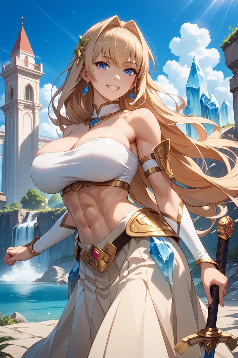 sensual, long blonde hair, thick thighs, 8K, 4k, highest quality, (High resolution:1.6), cute anime face, noise reduction, (shining blue eyes, gentle smile:1.3, kind eyes:1.3)、toned abdominal muscles, muscular arms, muscular legs, young face, anime eyes, Sophitia Alexandra、(holding a sword in the right hand:1.5)、(Equipped with a shield on the left arm:1.5)、(SFW huge body:1.9)、(beautiful nose:1.5)