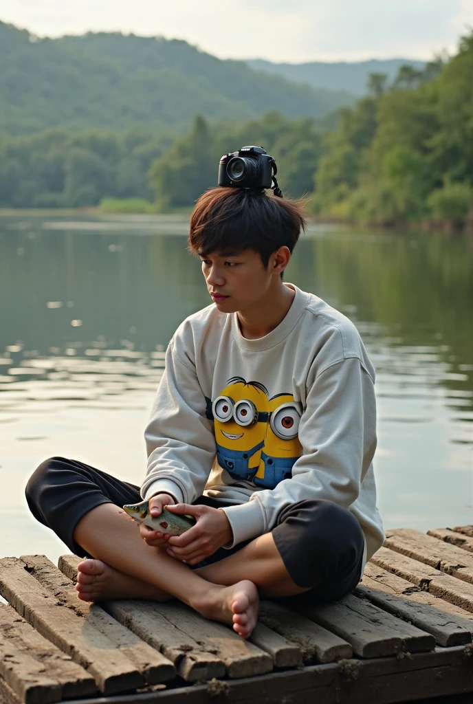 There was a little boy sitting on a stone in the park, sitting at a pond, Cute boy, ???, at park, In Park, Happy kids, with a cool pose, shot on nikon z9, Yellow cap, Young boy, kiddy big breasts, thoughtful expression, In the park, Pouting, marvelous expression, Deep in thought, in a city park