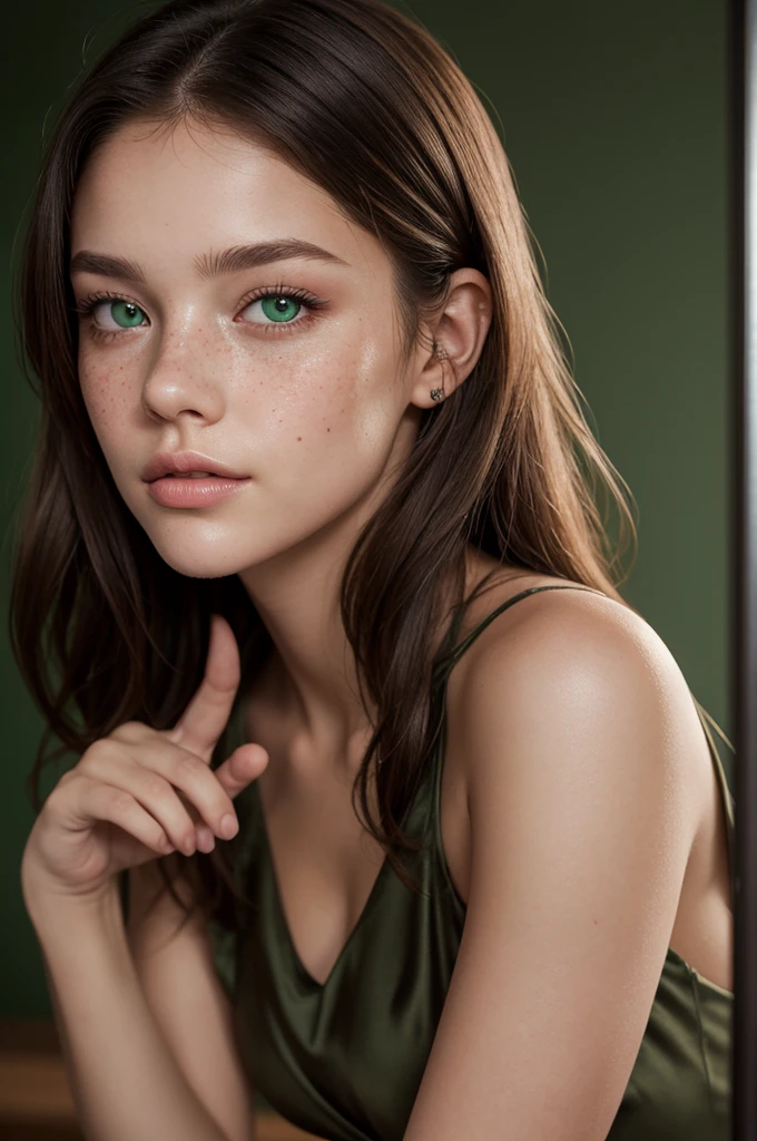 a girl. face sent feeling. Europe. Oval face. long face. delicate facial features. sad eyes. seductively seductive. Gorgeous. green eyes. long straight hair. green hair. wreath on head. very sad expression. shy