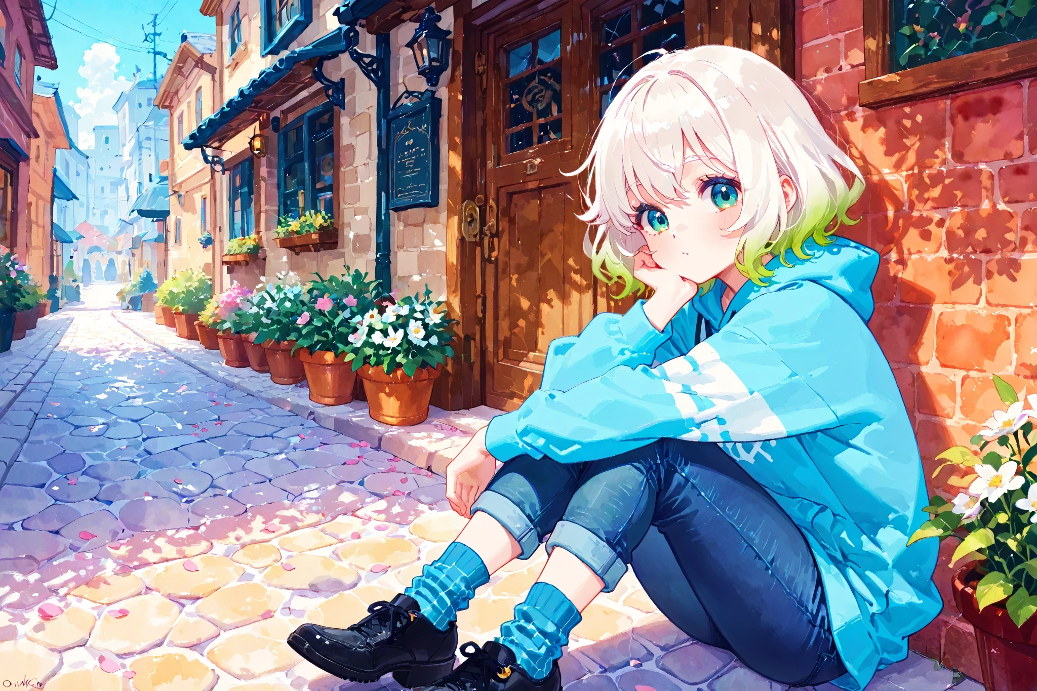 Anime girl sitting on the ground in front of a building - SeaArt AI