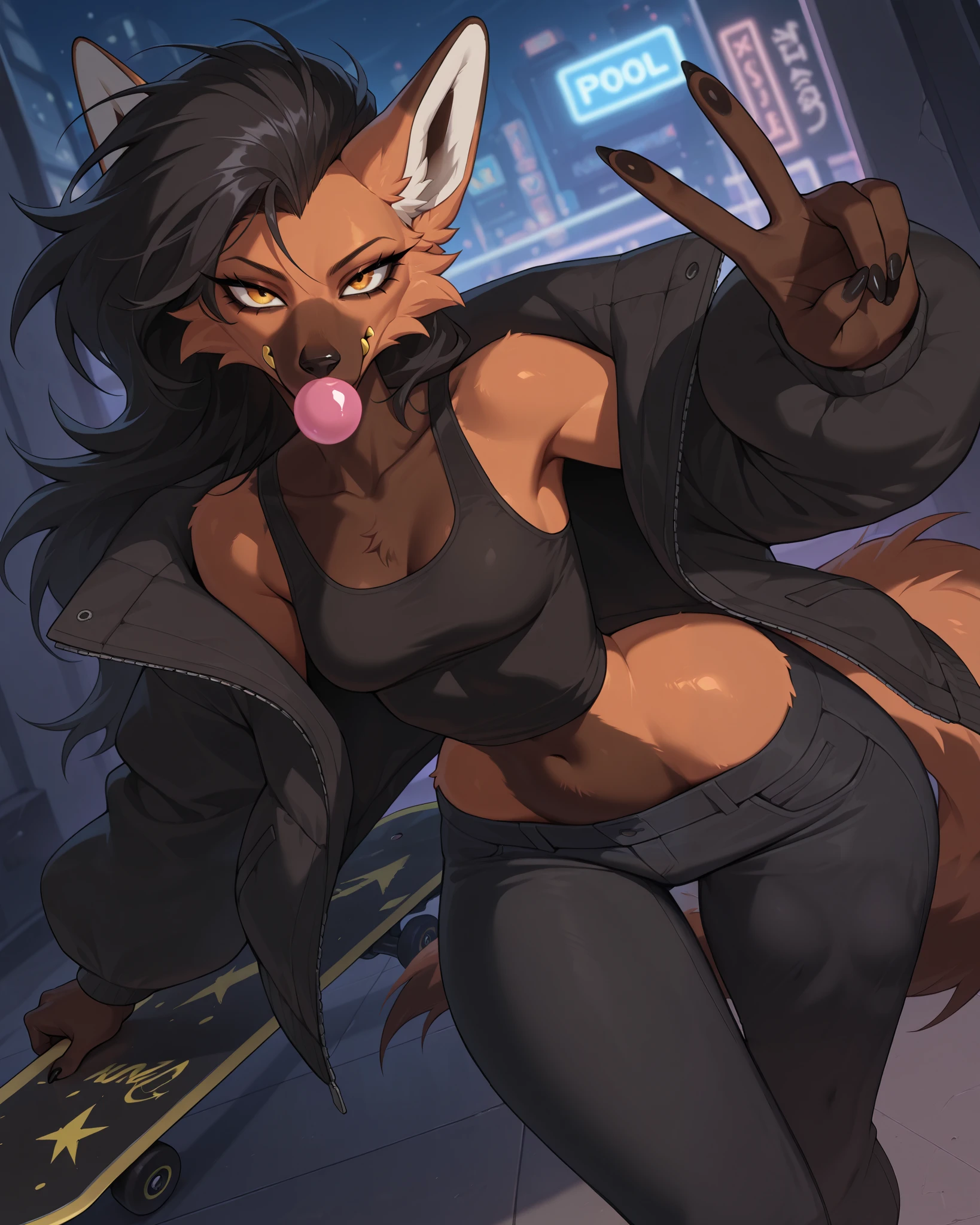 best quality, masterpiece \(quality\), L0LSPL4SH, year2024, year2023, West Studio, sixmorevodka, 1girl, by Riolutiny, solo, anthro_only, ((maned wolf)), fluffy, small breasts, (wide hips), oversized baggy jeans, black tank top, oversized jacket, tomboyish, cool,((round ears)), fluffy hair, black hair, mohawk, tall dommy mommy, L0LSPL4SH, blurry foreground, blurry background, IllusP0s, cyberpunk, looking at viewer, long eyelashes, hyperhandles, long black nails, black paw pads, (dynamic angle, stand up, cool pose, skatist, peace sign holding a skate eating bubblegum, 3/4 view), (sexy, posted on E621), ((golden tusks)), 