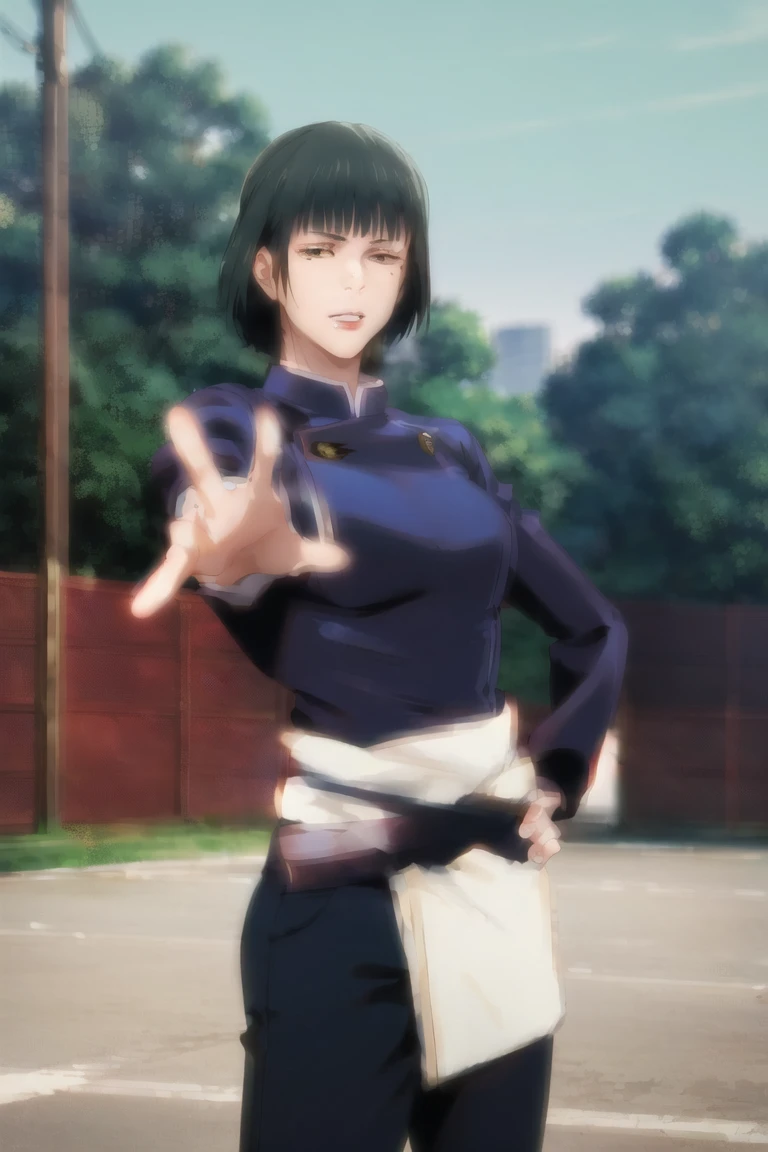 masterpiece, Highest quality, Absurd, High resolution, Very detailed, One Girl, alone, Cowboy Shot, ((IJA Taisho, Khaki uniform, Combatant,Golden Sling,General Positions, 左chestにメダル,)),Black long boots,medium chest, chest, Tight waist, Black Hair, Blunt bangs, Red eyes, Conceit,Wicked Smile, White gloves, holster, Leather Belt Pouch, Abandoned city, Dilapidated Street, combustion, Night Sky, battlefield, crater,chestをはだけさせる、Fascinating face、Stick your ass up here、Expand the vagina with both hands、Wet pussy,squat
