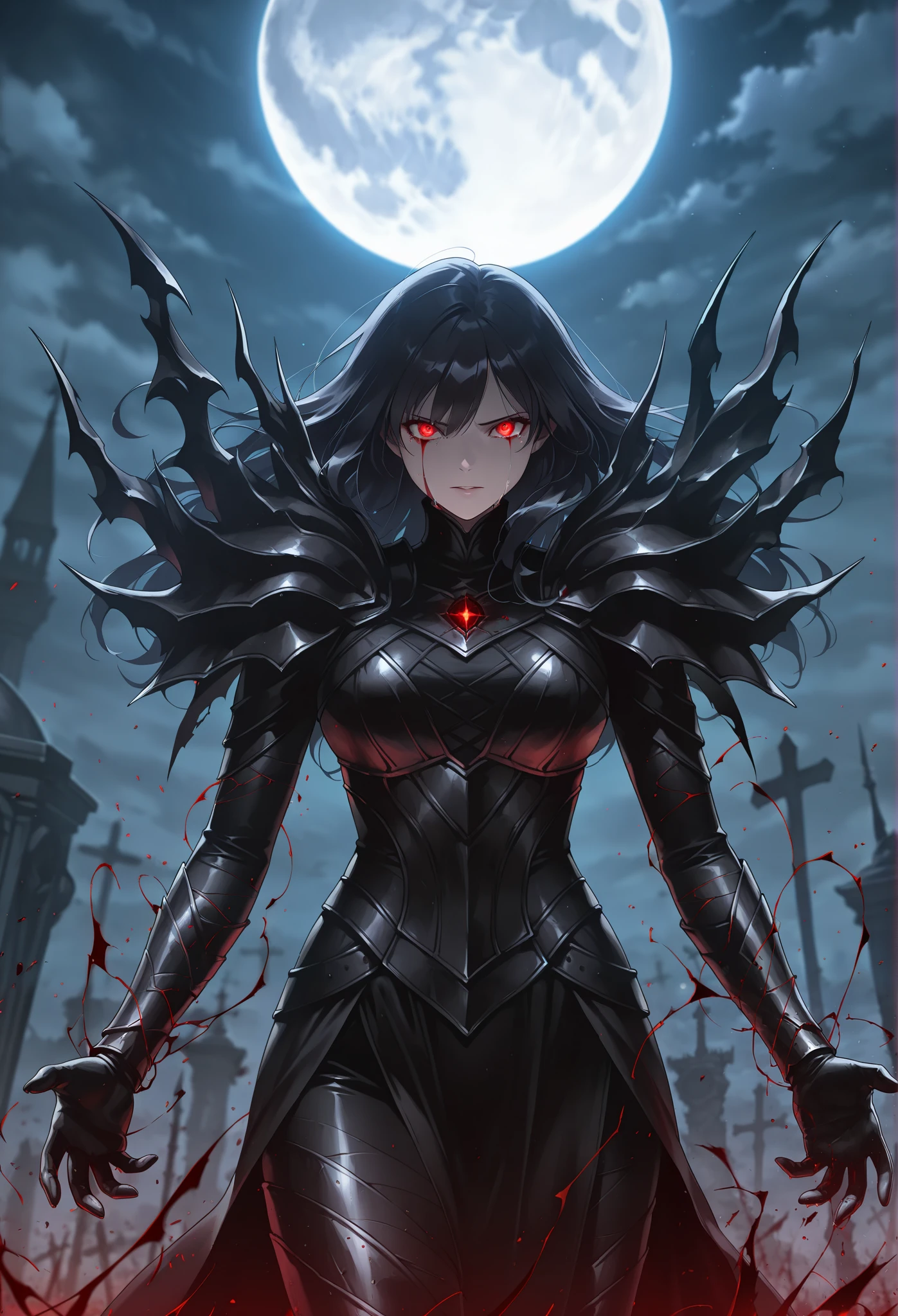 masterpiece, best quality, amazing quality, newest, very aesthetic, 1girl,god,pain,bloody tears,looking at the viewer,shining,dark energy,love face features,bright moon background:1.2