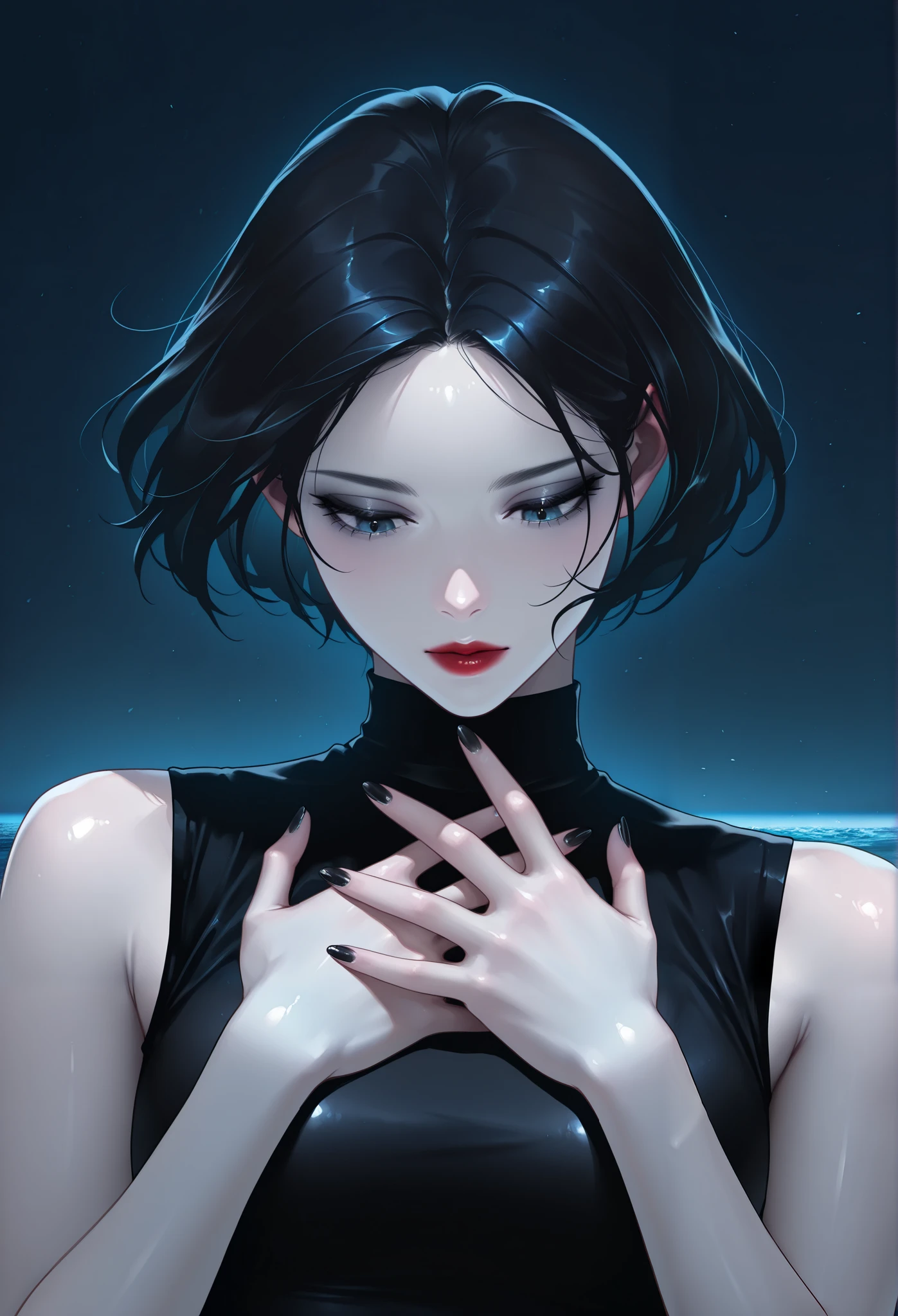 masterpiece, best quality, amazing quality, newest, very aesthetic, 1girl,short black hair,ocean blue eys,small nose,shiny soft red lips, The individual is wearing a sleeveless top, and their hands, with black painted nails, are crossed over their chest,she looking down,pale features,dark blue background,close-up