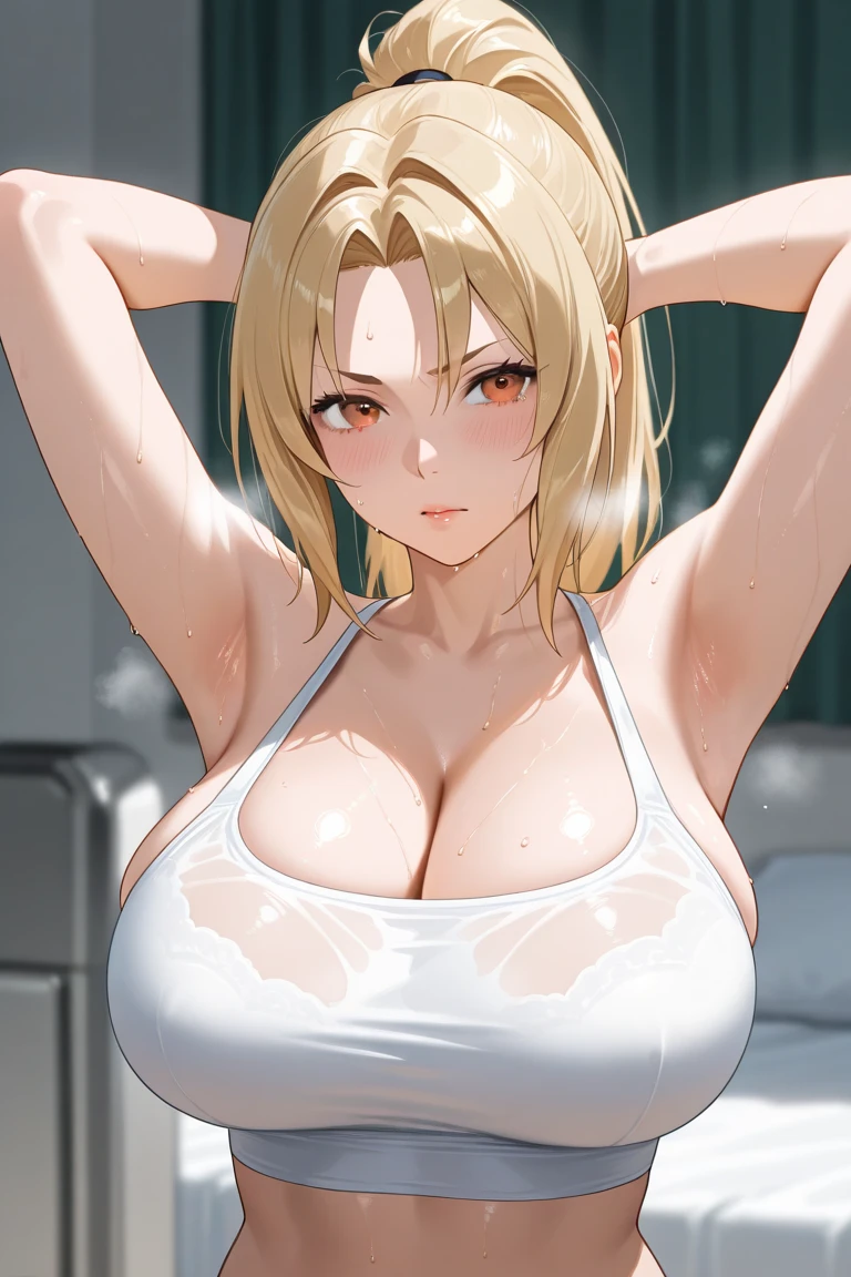 (masterpiece:1.2, best Quality:1.1, 32K HDR, high resolution), (big breasts:1.1, cleavage:1.1, perfect slim body:1.2), (detailed face, detailed eyes, detailed skin texture), hayasaka ai, bangs, blue eyes, blonde hair, hair ornament, hair between eyes, sidelocks, side ponytail, scrunchie, hair scrunchie, blue scrunchie, solo, 1girl, indoors, virgin killer,