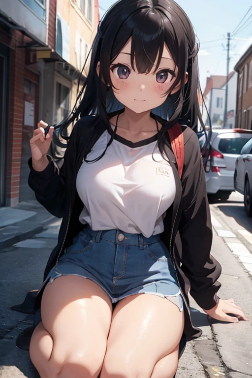 (Official art、Best Quality、Unity 8k Wallpapers、32K、masterpiece、ultra-detailliert、超A high resolution、realisitic、Photorealsitic:1.2)、(Cinematic lighting:1.2)、Fireglow effect、The grainiest shadow of the film、Rim lighting、side lights、Center shot、(ultra-detailliertで複雑な3Dレンダリング)、Detailed beautiful face and eyes、A slender、Medium bust、(Full body:1.2)、 Highly detailed background、beauitful face、blurry backround、-yeld beiful girl、(ultra-detailliertなスキン、detailed skin textures:1.3)、A dark-haired、Hip Hop Cable、(thighs thighs thighs thighs:0.8)、Knitted sandals、(((Sea sand beach)))、Smile with open mouth、(Satin Narico),Blue eyes,((white t-shirts,Blue shorts))()crouching down