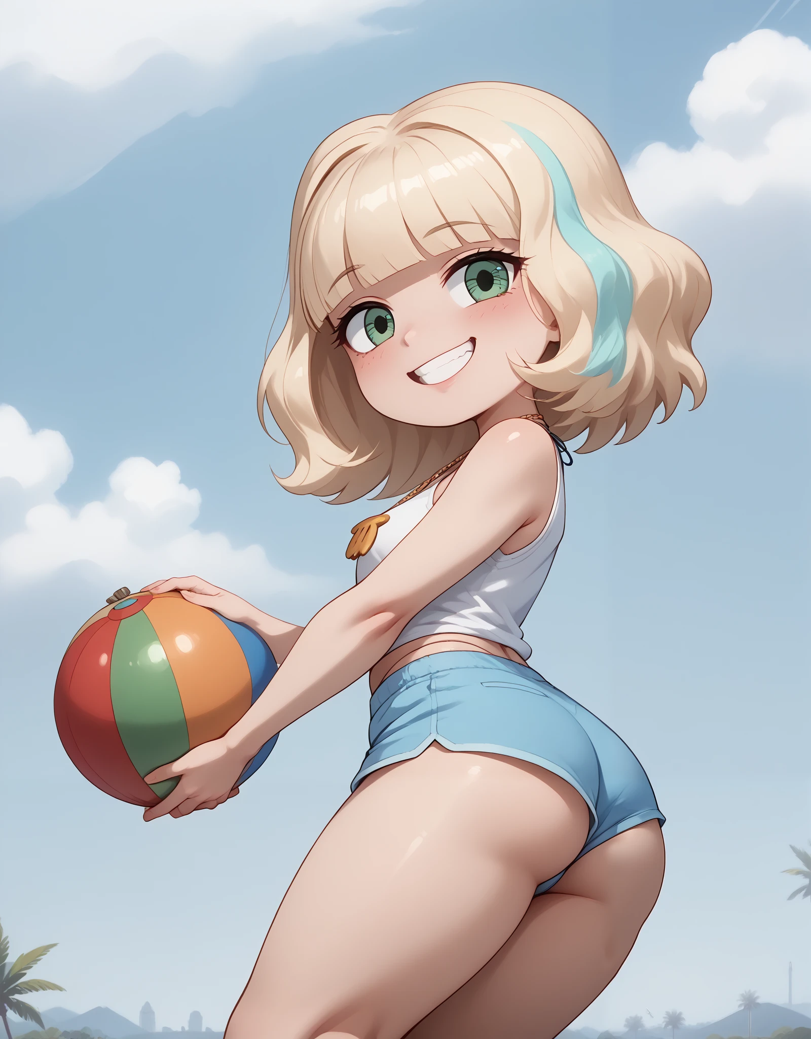 (La mejor calidad, 4k, Obra maestra :1.3), Mujer bonita madura, hiperrealista, Cara ultra detallada, Labios detallados, labios carnosos, ojos detallados, ((Jackie Lynn Thomas in a swimsuit holding a beach ball, wearing a swimsuit, pose coqueta, foto desde atras)), Curvas, cuerpo delgado, bien formado, caderas grandes, caderas anchas, muslos gruesos, Trasero redondo, pose sensual, photo from the back, photo from the back, Posando piernas, Posando en bikini , bikini ajustado, in retro swimsuit, en bikini, El sombreado!!!, en una playa soleada, El sombreado