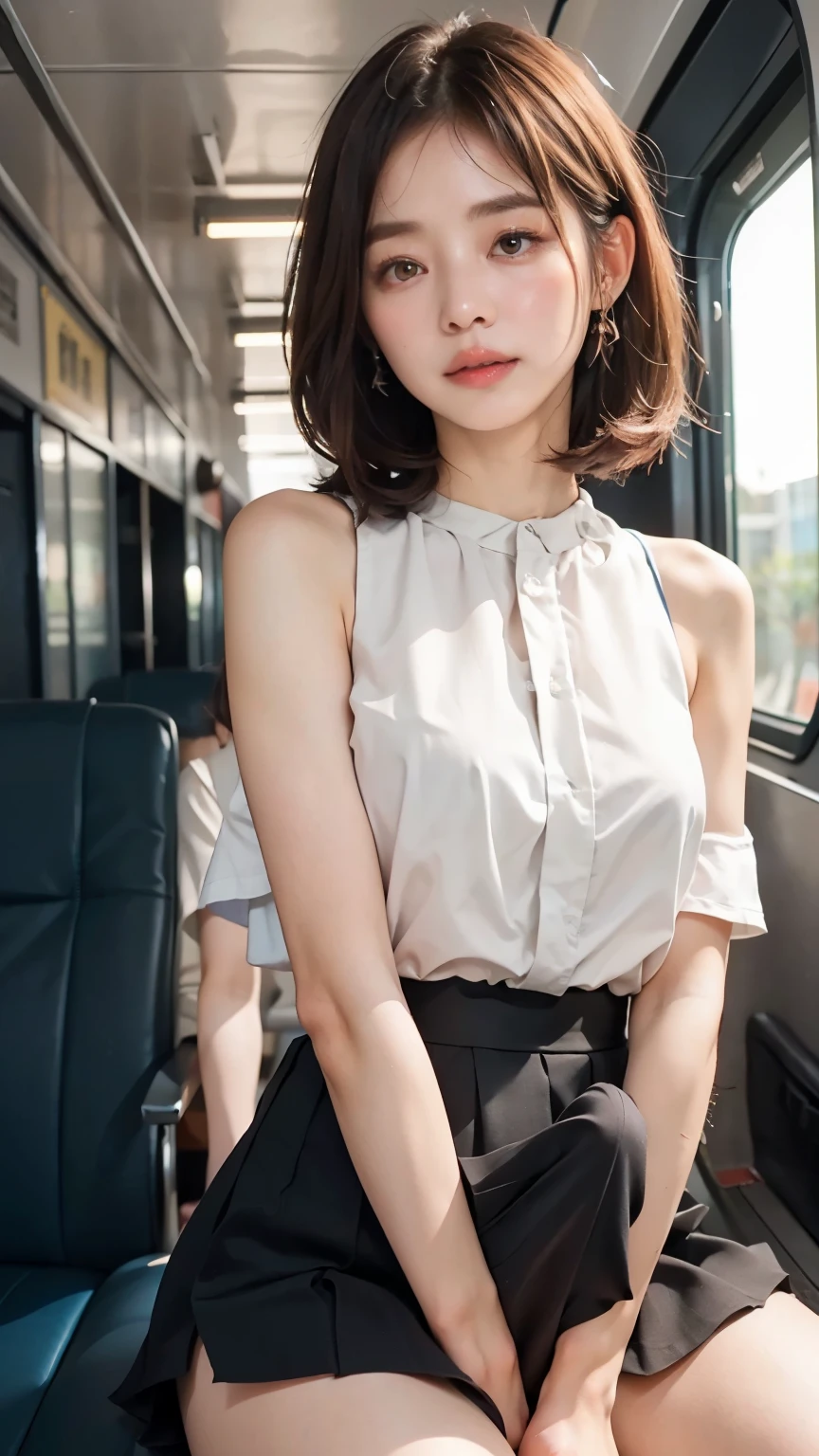 16K quality、top quality、 are high resolution .、Actual photo、((in the train、train seats inside a full train))、((Sit with your body facing forward、 beautiful woman sitting and spreading her skirt to show off her panties、sit with legs spread and panty shots))、((pretty office woman 、white blouse、black tight skirt))、((Please sit politely:1.3))、(sit with legs spread, Hand over)、( Sheer Black Pantyhose 、ultra-thin shiny black pantyhose、Panties are visible through pantyhose)、((High cut high leg panties))、(( beautiful shiny brown hair 、bob hair、Put your ears out))、((embarrassed expression))、(())、((C cup breasts、small breasts in Mbini、small breasts in Mbini))、 beautiful eyeshadow 、Beautiful Legs、(big eyes、 without makeup、Very beautiful and delicate makeup, light makeup,)、perfect body、perfect hands、perfect finger、Show me detailed and beautiful thin lips、Clear, Beautiful face and well-groomed eyes 、very elaborate eyes and faces on the toilet bowl for men、Nice nose、fine eyebrows、(Completely)、Realistic Light、 cute round face, full thighs、hairstyle with bangs、slender body、 slim、 light-reflecting skin 、 model body type around student 、detailed finger、beautiful eyes、long eyelashes、8Head to Body、 low angle、Light is reflected in the eye、Small face、double eyelid、big eyes、lip gloss、looks away、background blur、Cinema lighting from the front、light on face, Erection under clothes, flat chest