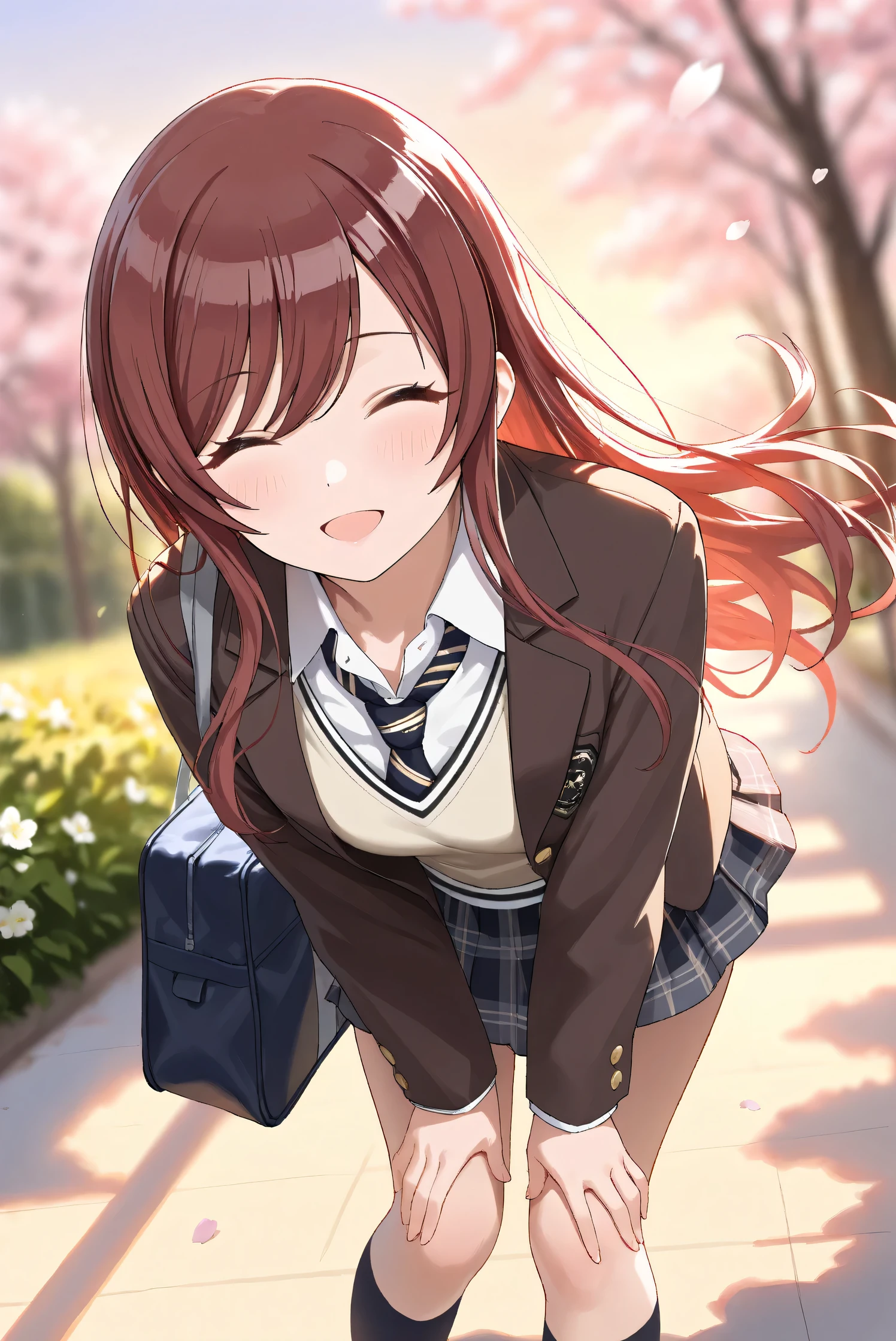 (Masterpiece), (Highest quality), (Very detailed),
(The best shape), (Best Shadow), (Absurd),
(Detailed background), (So beautiful), Shiny ,
Extraordinary, Countershading, 8k, 32K, High resolution,
Very Detailed CG, UHD,
Score_9, Score_8_up, Score_7_up, Source_anime,
(Pastel painting:1.2), (Watercolor painting:1.2),
(Masterpiece, Detailed:1.2), (Foreshortening:1.2),
Cinematic, Dramatic, (Depth of field:1.4),
(Blurry background:1.4), (Realistic background:1.4),
Dynamic angle, 1 girl,
Outdoor, Spring, (Cherry blossoms:0.8), (Evening:1.2),
Wind, Nature,
Osaki Amana,
the idolmaster shiny colors,
amanaosaki,
red hair, brown hair, yellow eyes,
(School uniform:1.3),
Blazer, Brown blazer,
Sweater, Khaki sweater,
formal shirt, White collar shirt, tie, black tie,
School bag,
Portrait, Focus on face, Leaning forward,
(Blush:1.3), Smile, Happy, Her eyes closed,
(Open mouth:0.7),
Realistic skin, Shiny skin,