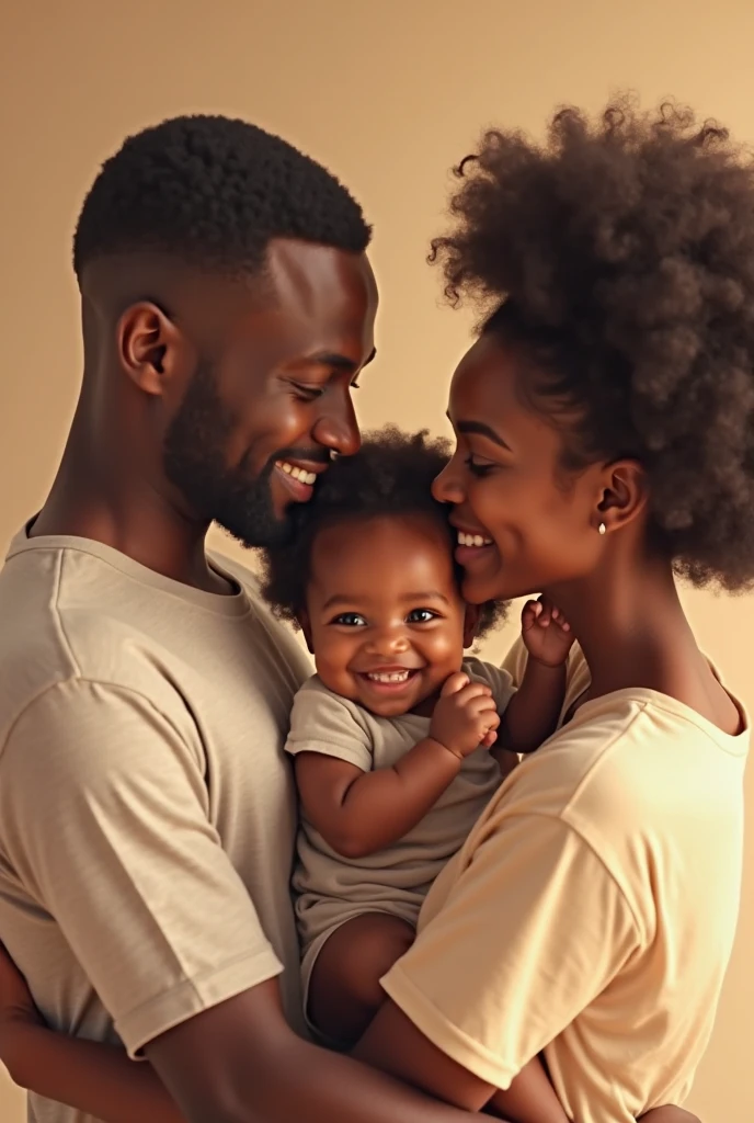 A power couple with 5 year old son in man's arm and 6 month old daughter in woman are dressed in same colour look like happy family 
