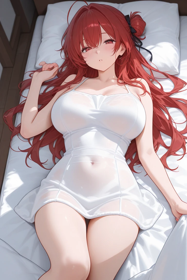 masterpiece, best quality, highres, red hair, long hair, white nightie,large breast,stocking, cleveage,lying on bed, looking at viewer, bedroom, blush, shy, concern,hands tied, legs spread,Rias gremory,ahoge,thighs