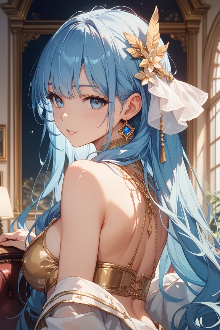 She is wearing a long Chinese dress、8K、、Highest quality、Tabletop、Ultra HD、Super detailed、so beautiful、Super detailed髪質、so beautiful、Portraiture、Captivating look、Beautiful woman、Long Blue Hair、Sharp Eye、Hanging eyes、Strong-minded face、blue eyes、Glowing Skin、Very large breasts、Water droplets running down the skin、The background is a great night pool、