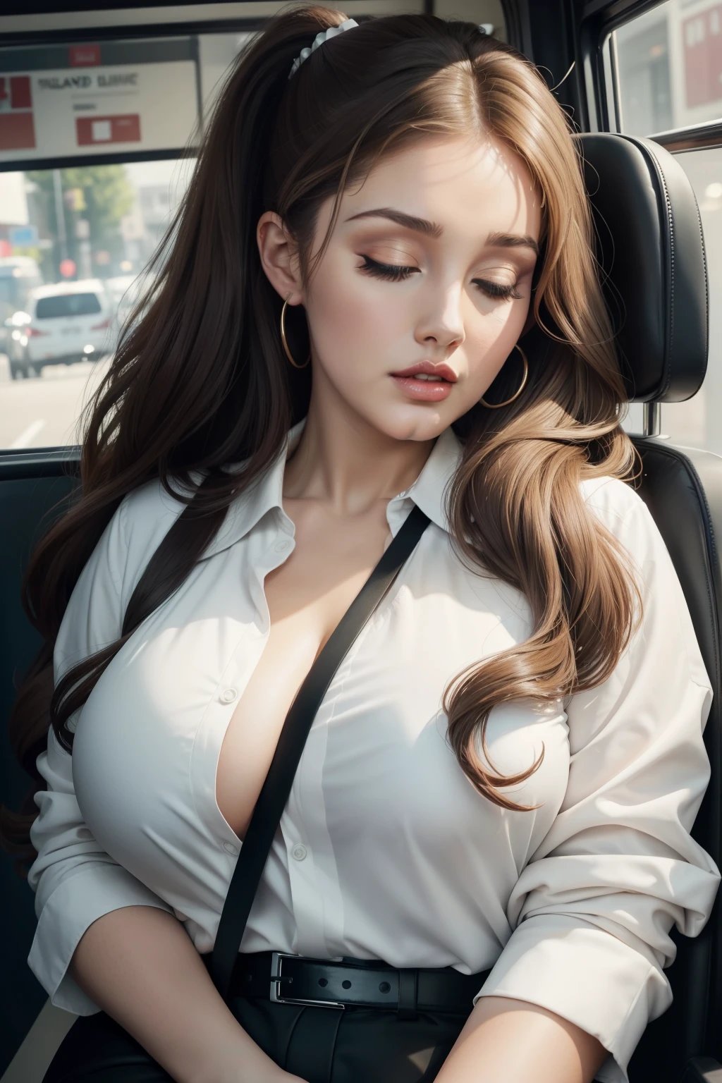 1 beautiful woman, dressed in sexy clothes, great body, big cheeks, painted eyelids, white short-sleeved buttoned shirt, black formal pants, eyes closed, open mouth drooling, long eyelashes, face made up, sleeping with mouth open, sleeping sitting up in the back seat of the bus, hair tied in a ponytail, black bag, head up with open mouth resting on the back, arms hanging down and resting on her thighs, Lucy Pinder, ((Adele)), portrait of face, neckline, voluptuous woman, mouth wide open, ((Very intense makeup)), show breats, ((Hailee Steinfeld)), tits, nude, ((Sexy woman)).
