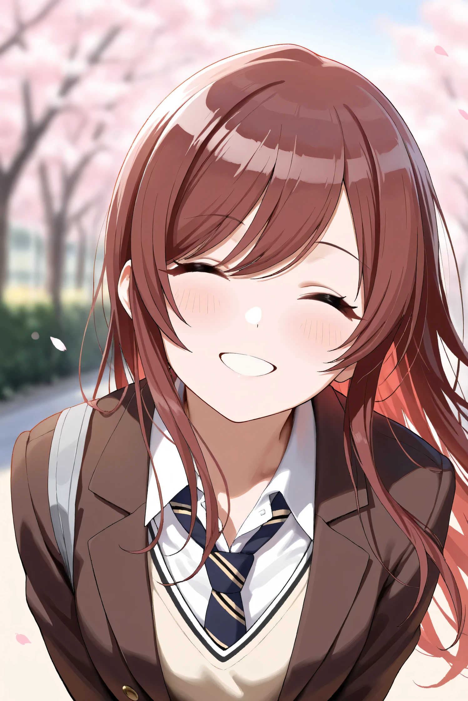 (Masterpiece), (Highest quality), (Very detailed),
(The best shape), (Best Shadow), (Absurd),
(Detailed background), (So beautiful), Shiny ,
Extraordinary, Countershading, 8k, 32K, High resolution,
Very Detailed CG, UHD,
Score_9, Score_8_up, Score_7_up, Source_anime,
(Pastel painting:1.2), (Watercolor painting:1.2),
(Masterpiece, Detailed:1.2), (Foreshortening:1.2),
Cinematic, Dramatic, (Depth of field:1.4),
(Blurry background:1.4), (Realistic background:1.4),
Dynamic angle, 1 girl,
Outdoor, Spring, (Cherry blossoms:0.8), (Evening:1.2),
Wind, Nature,
Osaki Amana,
the idolmaster shiny colors,
amanaosaki,
red hair, brown hair, yellow eyes,
(School uniform:1.3),
Blazer, Brown blazer,
Sweater, Khaki sweater,
formal shirt, White collar shirt, tie, black tie,
School bag,
Portrait, Focus on face, Leaning forward,
(Blush:1.3), Smile, Happy, Her eyes closed,
(Open mouth:0.7),
Realistic skin, Shiny skin,