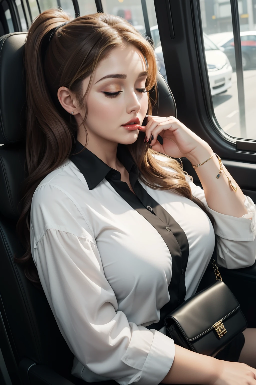 1 beautiful woman, large body, black hair, made-up face, purple headband, earrings, light blue long-sleeved shirt, buttons, small jean shorts, big nails, made-up eyelids, sneakers, asleep lying on the bus, eyes closed, mouth open, Lucy Pinder, face portrait, Very intense makeup, ((Adele)).
