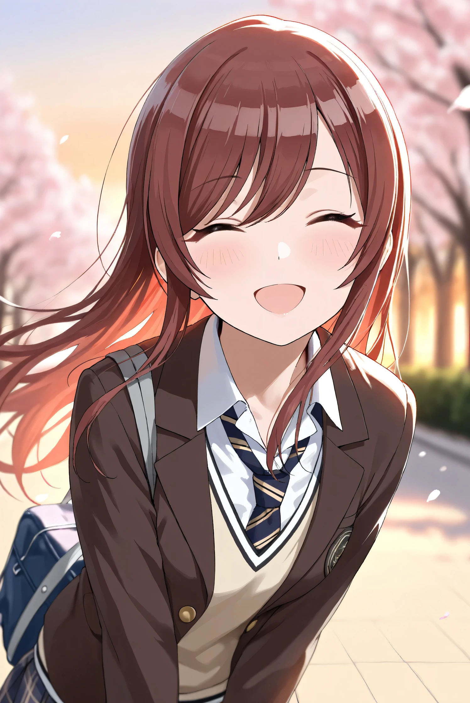 (Masterpiece), (Highest quality), (Very detailed), 
(The best shape), (Best Shadow), (Absurd), 
(Detailed background), (So beautiful), Shiny , 
Extraordinary, Countershading, 8k, 32K, High resolution,
Very Detailed CG, UHD,

Score_9, Score_8_up, Score_7_up, Source_anime, 
(Pastel painting:1.2), (Watercolor painting:1.2),
(Masterpiece, Detailed:1.2), (Foreshortening:1.2),

Cinematic, Dramatic, (Depth of field:1.4),
(Blurry background:1.4), (Realistic background:1.4),
Dynamic angle, 1 girl,
Outdoor, Spring, (Cherry blossoms:0.8), (Evening:1.2),
Wind, Nature,

Osaki Amana,
the idolmaster shiny colors,
amanaosaki,
red hair, brown hair, yellow eyes,

(School uniform:1.3),
Blazer, Brown blazer,
Sweater, Khaki sweater,
formal shirt, White collar shirt, tie, black tie,
School bag,

Portrait, Focus on face, Leaning forward,
(Blush:1.3), Smile, Happy, Her eyes closed,
(Open mouth:0.7),
Realistic skin, Shiny skin,