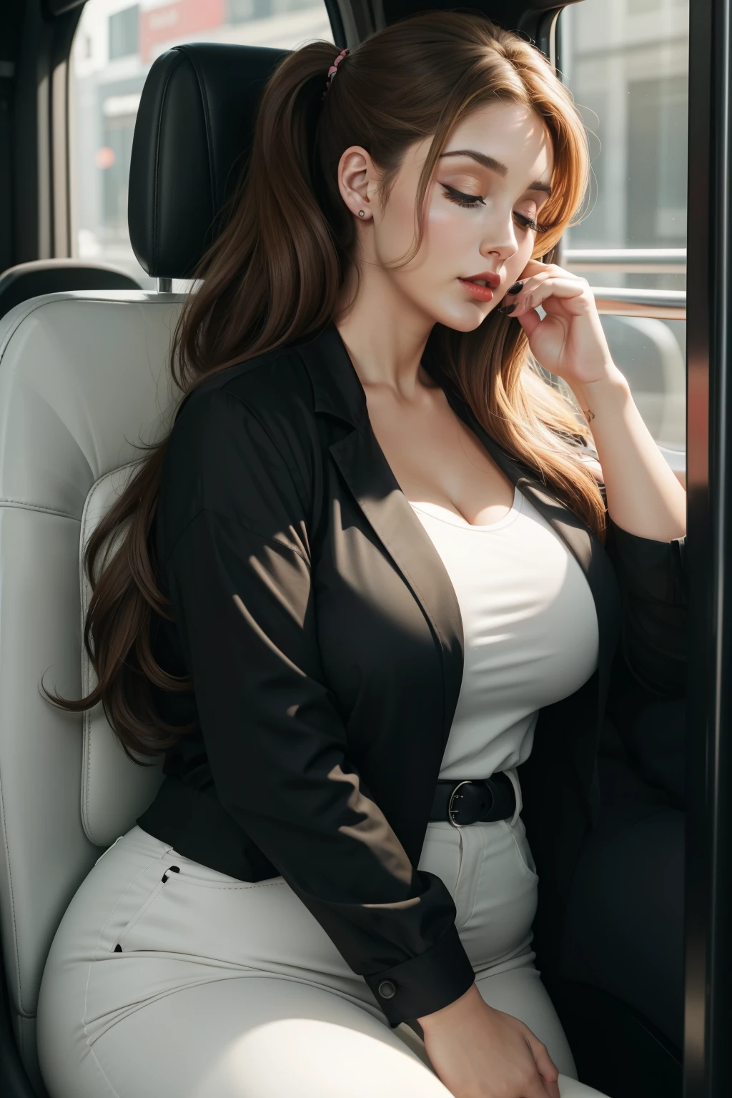Lucy Pinder, ((VERY INTENSE MAKEUP)), sexy woman, voluptuous, cleavage, (Adele), chubby woman, red hair, braid in hair, button-down blouse, white blouse, belt, black tie, black skirt, pantyhose tights, ((mouth wide open)), ((eyes closed)), sitting in a car.