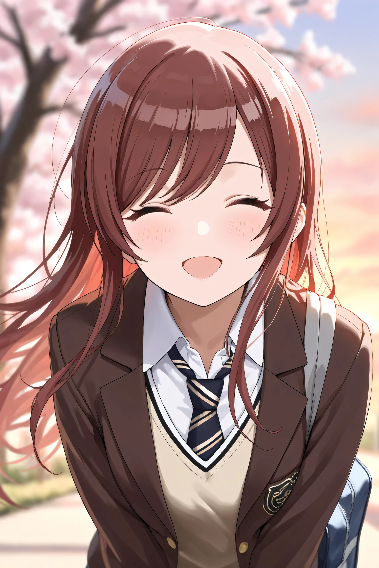 (Masterpiece), (Highest quality), (Very detailed),
(The best shape), (Best Shadow), (Absurd),
(Detailed background), (So beautiful), Shiny ,
Extraordinary, Countershading, 8k, 32K, High resolution,
Very Detailed CG, UHD,
Score_9, Score_8_up, Score_7_up, Source_anime,
(Pastel painting:1.2), (Watercolor painting:1.2),
(Masterpiece, Detailed:1.2), (Foreshortening:1.2),
Cinematic, Dramatic, (Depth of field:1.4),
(Blurry background:1.4), (Realistic background:1.4),
Dynamic angle, 1 girl,
Outdoor, Spring, (Cherry blossoms:0.8), (Evening:1.2),
Wind, Nature,
Osaki Amana,
the idolmaster shiny colors,
amanaosaki,
red hair, brown hair, yellow eyes,
(School uniform:1.3),
Blazer, Brown blazer,
Sweater, Khaki sweater,
formal shirt, White collar shirt, tie, black tie,
School bag,
Portrait, Focus on face, Leaning forward,
(Blush:1.3), Smile, Happy, Her eyes closed,
(Open mouth:0.7),
Realistic skin, Shiny skin,