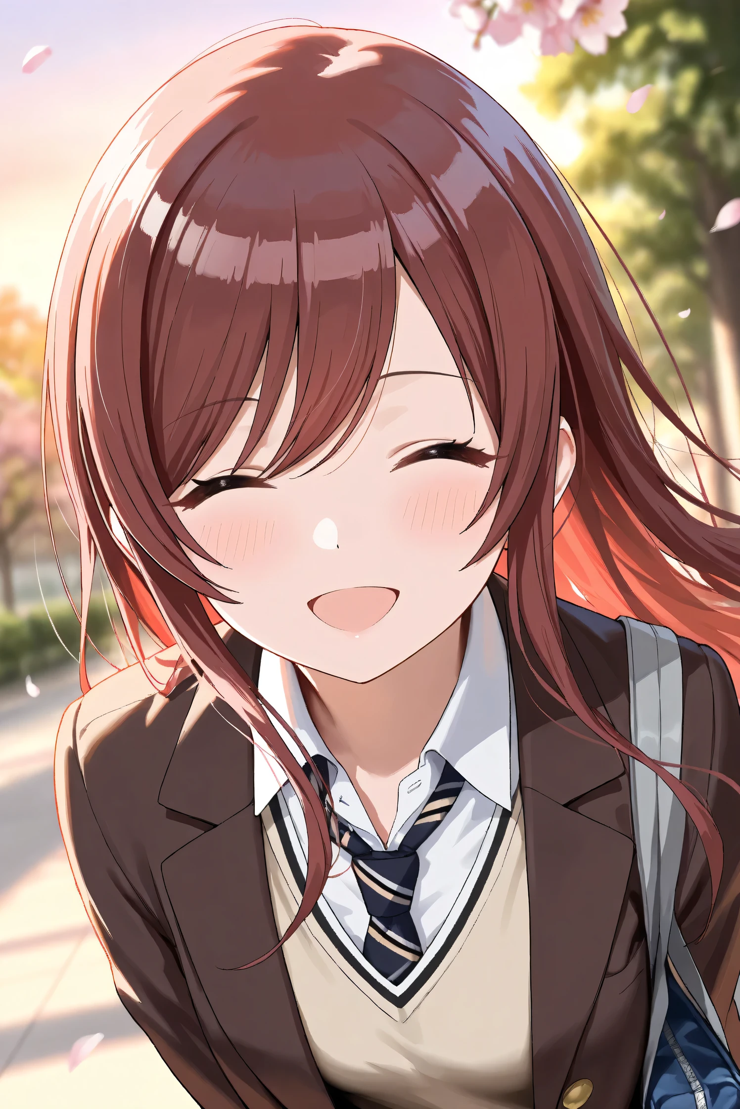 (Masterpiece), (Highest quality), (Very detailed),
(The best shape), (Best Shadow), (Absurd),
(Detailed background), (So beautiful), Shiny ,
Extraordinary, Countershading, 8k, 32K, High resolution,
Very Detailed CG, UHD,
Score_9, Score_8_up, Score_7_up, Source_anime,
(Pastel painting:1.2), (Watercolor painting:1.2),
(Masterpiece, Detailed:1.2), (Foreshortening:1.2),
Cinematic, Dramatic, (Depth of field:1.4),
(Blurry background:1.4), (Realistic background:1.4),
Dynamic angle, 1 girl,
Outdoor, Spring, (Cherry blossoms:0.8), (Evening:1.2),
Wind, Nature,
Osaki Amana,
the idolmaster shiny colors,
amanaosaki,
red hair, brown hair, yellow eyes,
(School uniform:1.3),
Blazer, Brown blazer,
Sweater, Khaki sweater,
formal shirt, White collar shirt, tie, black tie,
School bag,
Portrait, Focus on face, Leaning forward,
(Blush:1.3), Smile, Happy, Her eyes closed,
(Open mouth:0.7),
Realistic skin, Shiny skin,