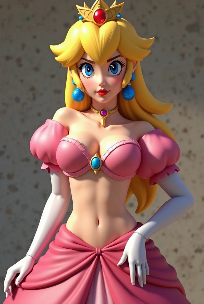 peach, princess peach), princess peach, huge bust cinematic shot, anime style 3d, High quality 8K detailed art, Super detailed representation, blonde hair princess, Rendered in SFM, detailed digital anime art, anime princess, a juicy human-like peach, very detailed anime, deep neckline, big breasts, red lingerie, Pornography, naked breasts, nude