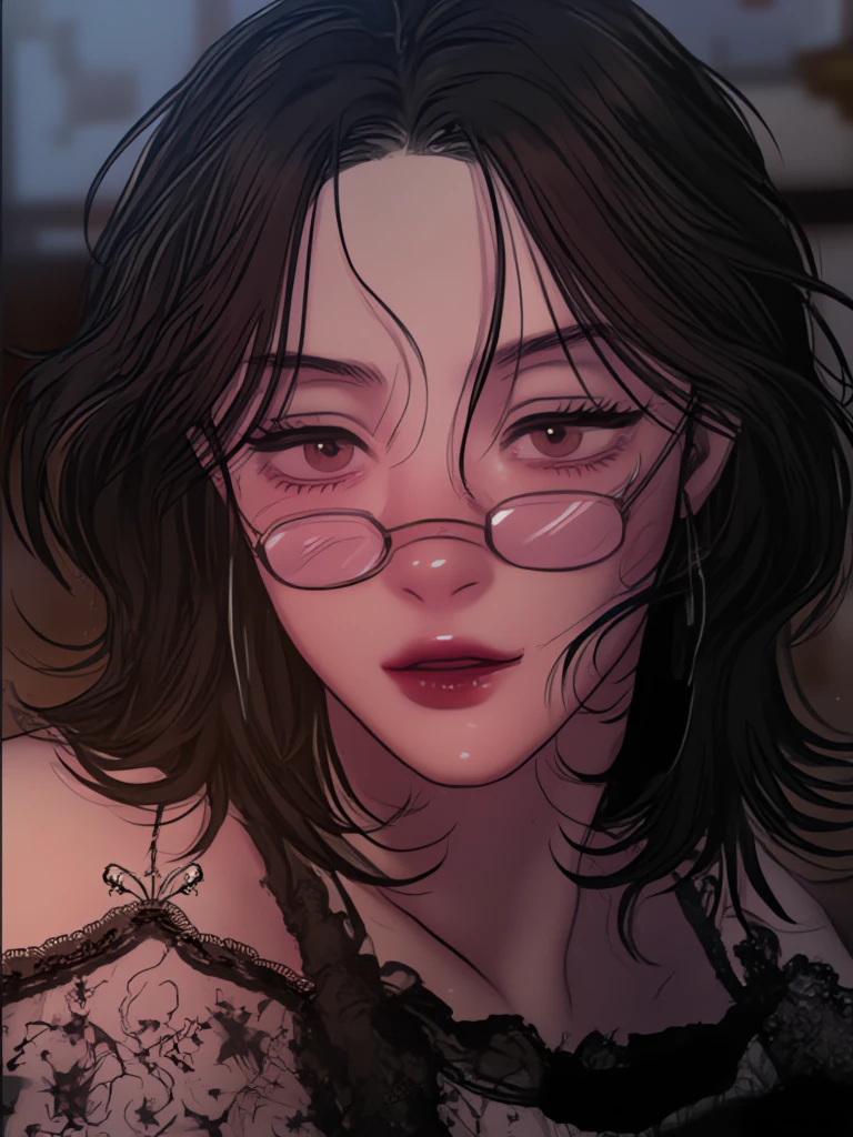 black very short hair, black vintage dress, glossy purple lips, glossy skin, pink cute blush, eyeglasses