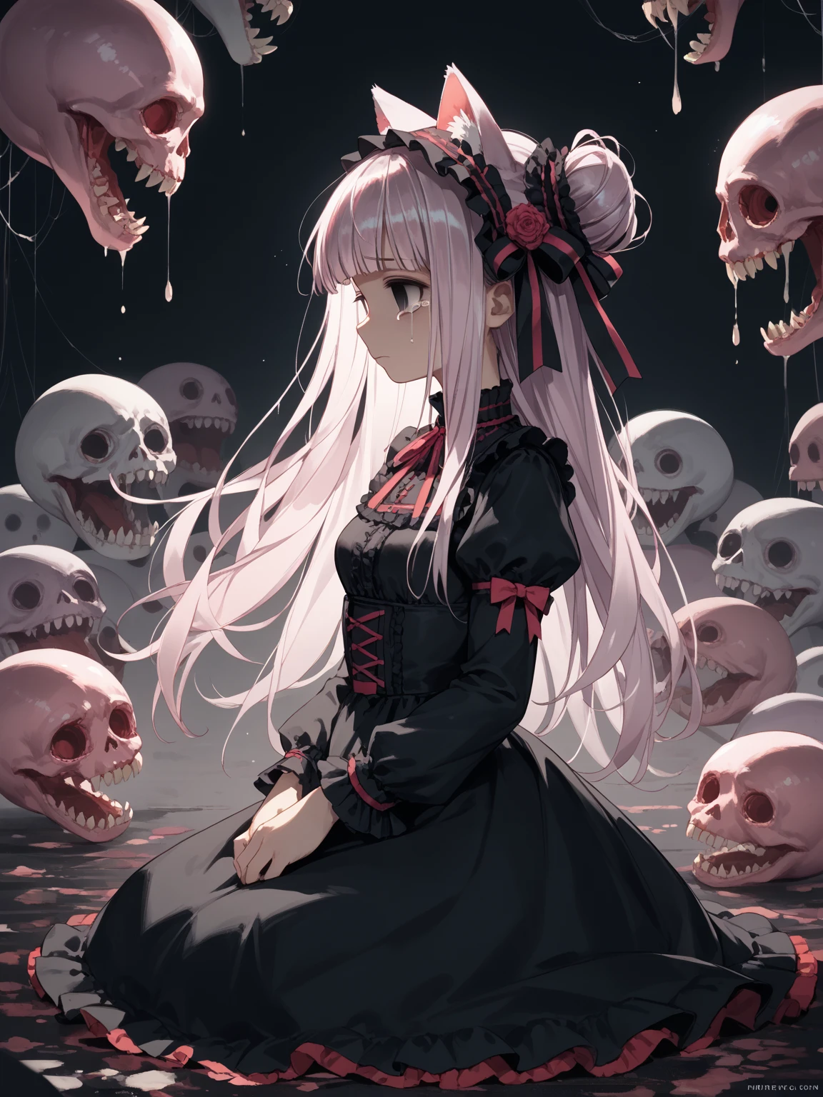 (Thriller Theme,Bloody and violent themes:1.3),(Dirty mollusk tentacles,radicalism:1.4), Good details, (Glowing background), Highest quality, Wide-angle Super Detail, masterpiece, 8k, Natural light, Soft lighting, sunlight, High resolution (High Dynamic Range), Maximum clarity and sharpness, Multilayer Texture, Looking at the audience,Close to the audience,night,Dirty, (Faith of the Dead,A totally malicious cult,Human sacrifice ritual,Ominous black and bloody fog,Creepy crazy smile:1.4),(severe bleeding, self-injurious behavior:1.4) 1 girl,Upper Body,Perfectly detailed eyes and face,Frowning,Red eyes,Gray Hair,Skull and bones themed costume,Black gothic dress with beautiful details,Tears of Blood, (Cult temple built entirely of skulls and bones,Skeleton Beam,Altar of Bone:1.4), (Glowing Eyes,Disheveled long hair,:1.5), Lens flare,Light leakage,
