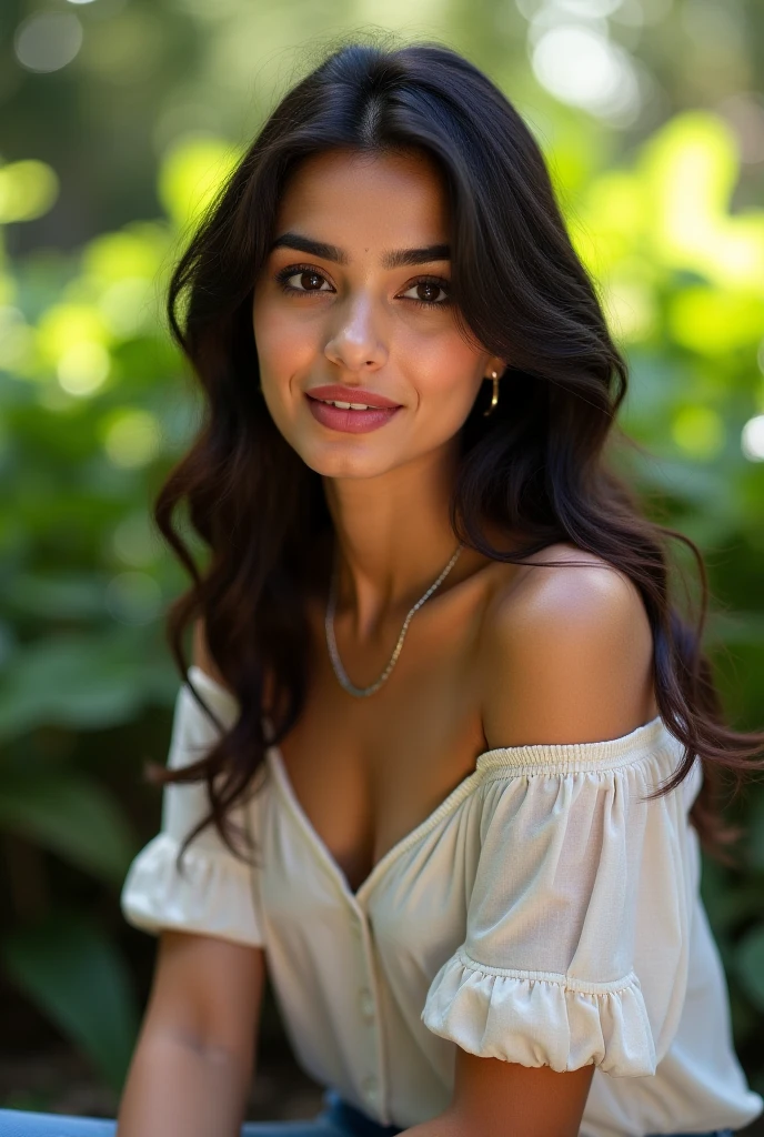 A woman of turkish appearance,25 years,detailed facial features,(Black eyes color:1.3),turkish eyes shape, Angular eyebrows,Full upper lip, thin lower lip,turkish jawline,(Wavy hair),Deep blue hair, mustard yellow color Dress clothes,(Modest),Silhouette Composition,posing in Picnic area,blurred background,dim lighting,RAW photo,8K UHD,high quality,film grain,Leica SL2 - Leica APO,(realistic foto:1.2)