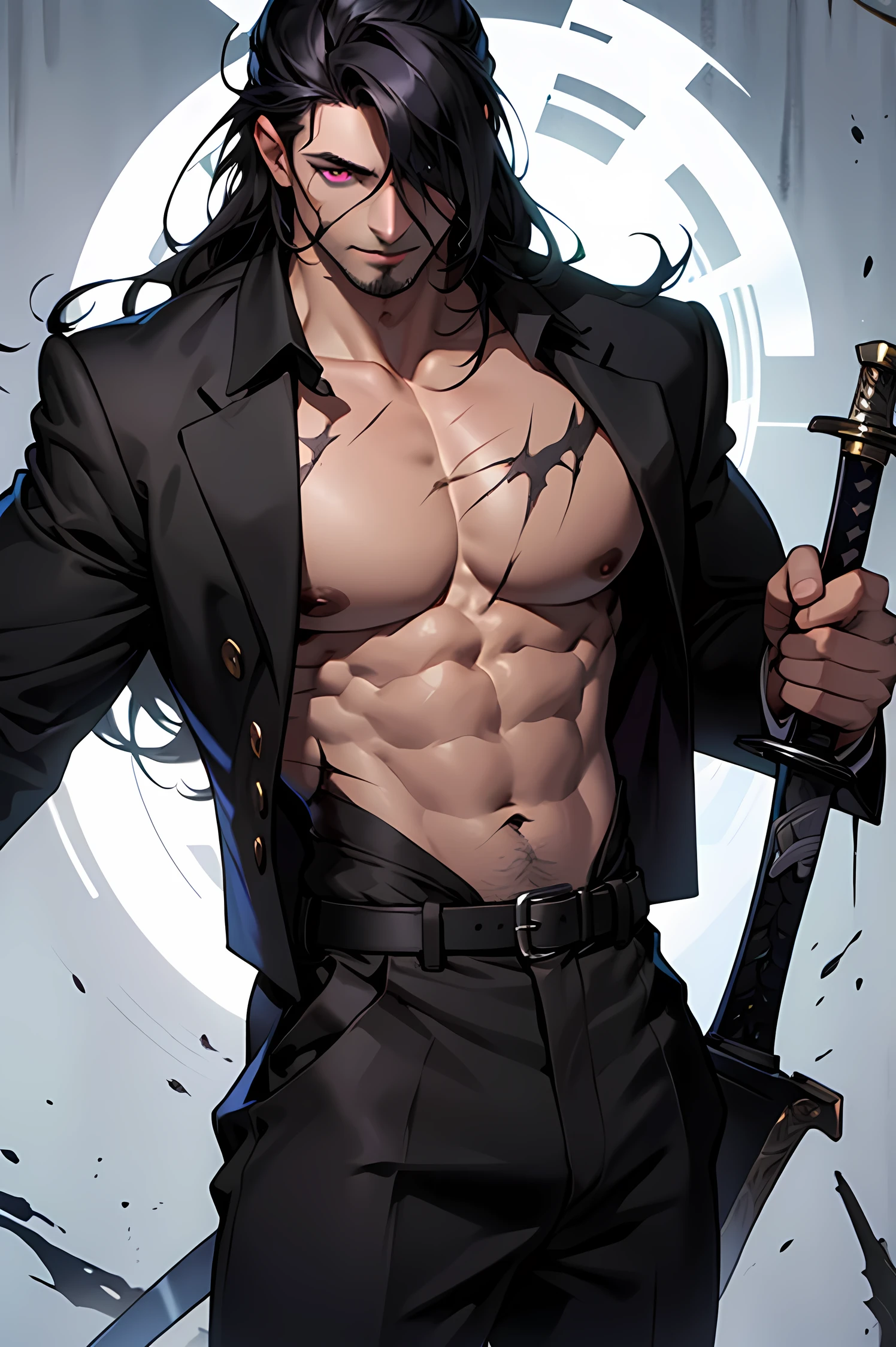 handsome muscular man with long straight black hair and red eyes, bare torso, tight clothes, masculine, defined eyes, fantasy clothes, bare torso, bare chest, pecs, defined details, 4k, maximum resolution, full hd, high quality