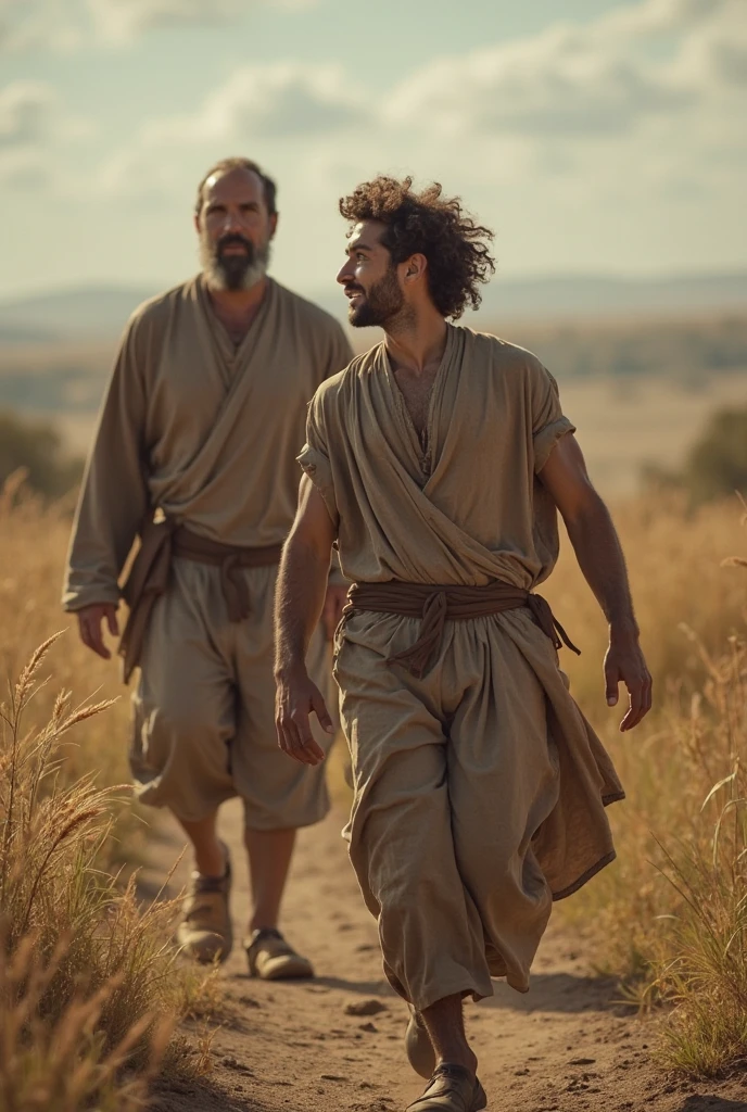 Long shot of a 2 male stoic philosopher with a well-proportioned and attractive physique, not excessively muscular. He is dragging a massive, dark weight attached to a heavy chain as he walks along a barren, desolate path. His classic tunic, slightly transparent, gently drapes over his tanned body, subtly revealing his shoulder. He has a very short, well-groomed beard, wavy, well-stylized hair, and his expression is weary but determined. The bleak environment symbolizes the emotional toll of toxic relationships. Shot with a Canon EOS R5, using a Sigma 50mm f/1.4 DG HSM Art Lens, rendered in 8K, photorealistic style with cinematic lighting, and an Octane render for hyper-realistic detail.