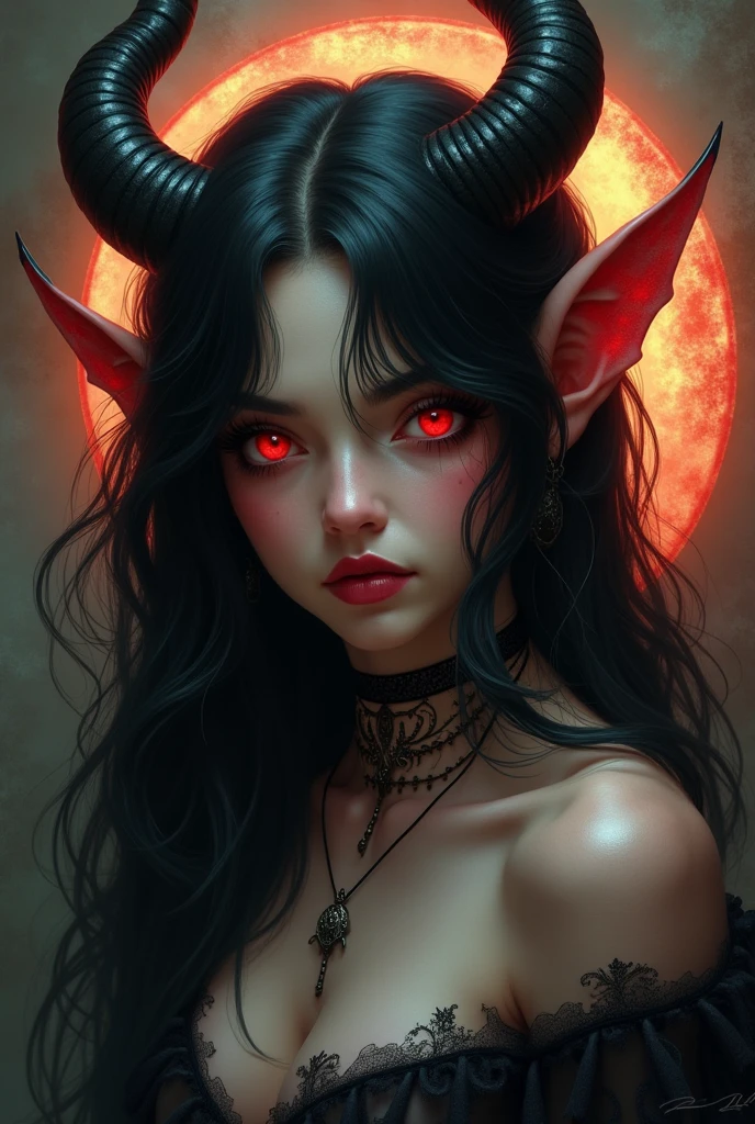 devil girl, black hair, orange eyes, eyes glowing, red skin, horns, one horn broken, choker, serious face, semi-realistic style, outliner, hell background, dark sky background, moon light, face close up