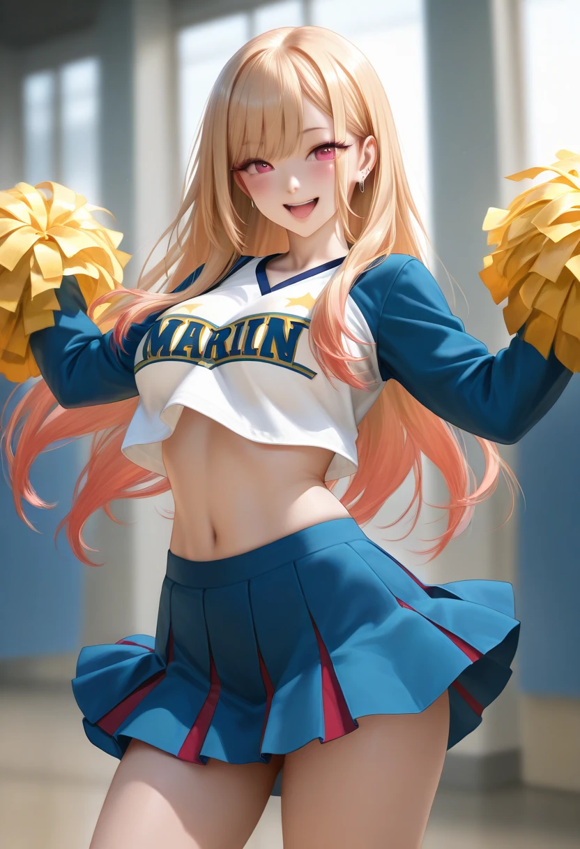 Best quality, best work, best quality, 8k, CG, ultra-realistic, cinematic angle, Kitagawa Marin, poses suited to the situation, cheerleader