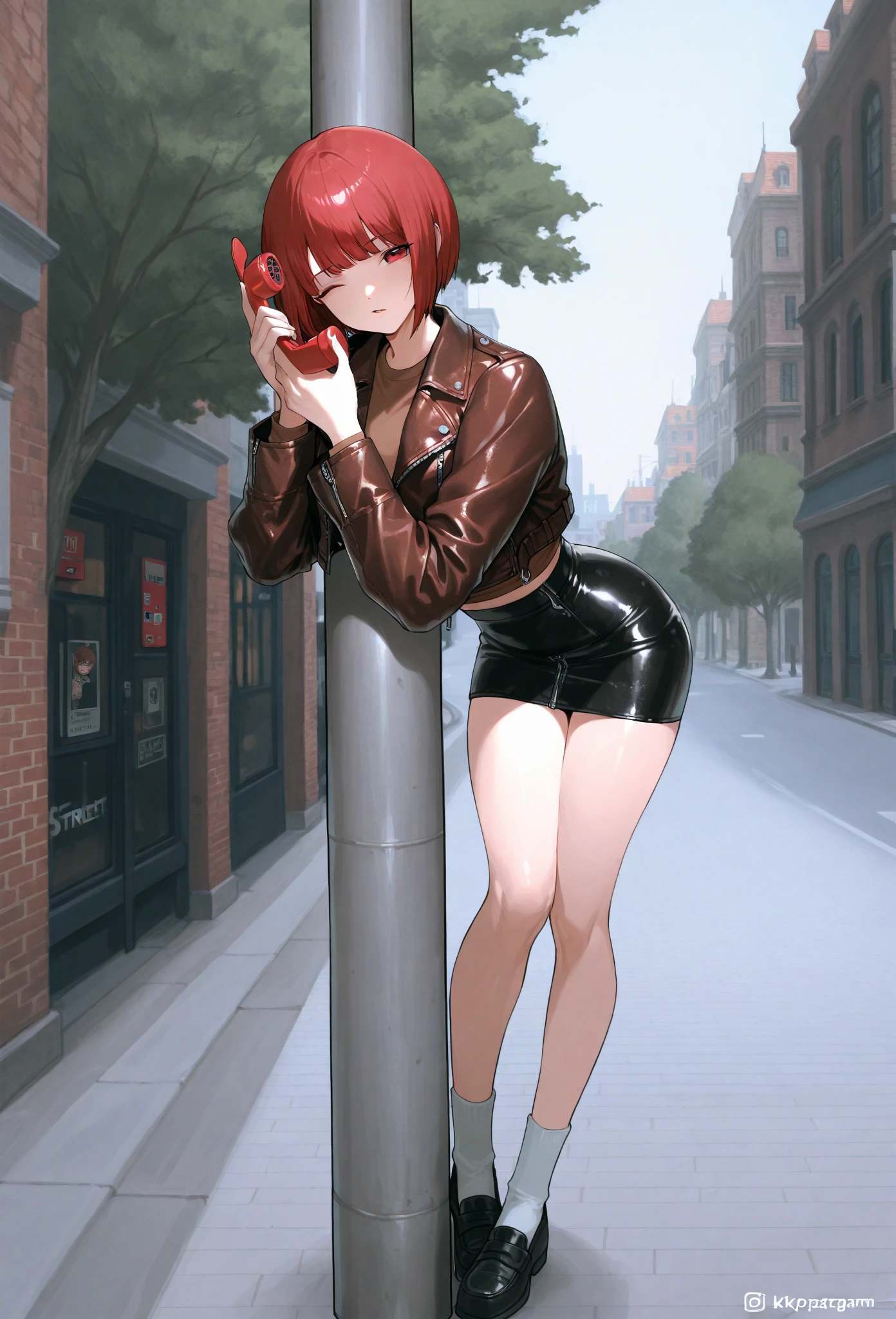 1girl,solo,standing,blush,,((peeing self, pee stains, puddle, wetting self)),, (masterpiece, best quality), extremely detailed,illustration, full body, puddle, ((red hair, short hair, pixie cut, bangs)), sunglasses, smiling, red lipstick, beautiful girl, light skin, wearing black leather jacket, wearing white crop top, wearing light blue jeans, ((back view, large ass)), wearing black leather boots, hands on hips, looking at viewer, thick thighs, large breasts, public street, front view,(crowd, surrounded by people), magic