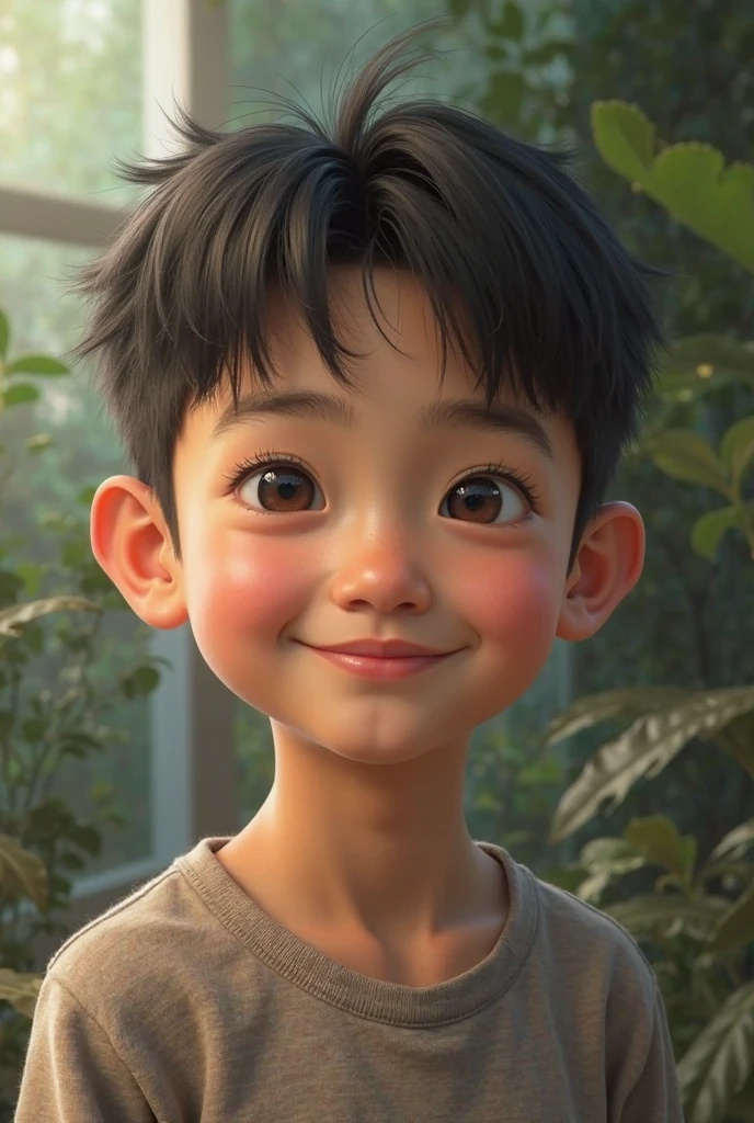 Smiling boy hugging a tree