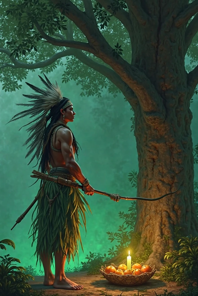an Indian around 45 years old, with a headdress of yellow feathers, with a bow and arrow in hand preparing to hunt, this Indian is in a forest