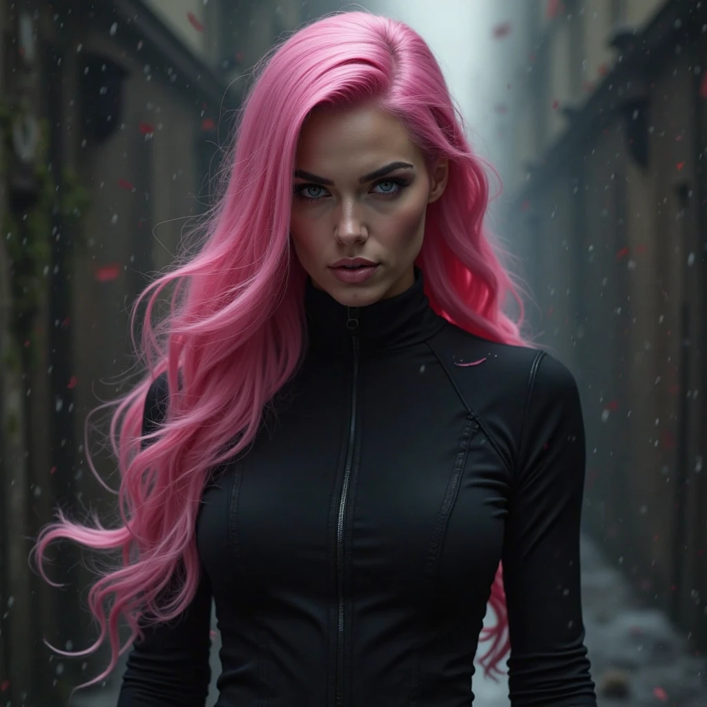 A woman with exuberant beauty with long, flowing pink hair. She is wearing a long jumpsuit. Behind her is a large tank with a neon sign that says “FMS-134” artillery woman, shooter, murderer. cyber punk. Woman with a rifle in her hand. high resolution, ultra HD, high qualiy,