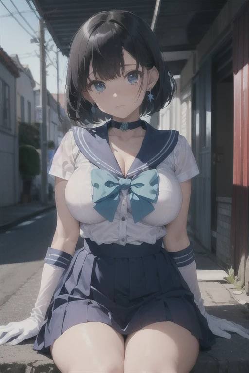 ((masterpiece)), ((Best Quality)), (Ultra-detailed), ((kawaii)), Cute, (lovely), ((sexy)), ((Extremely detailed)), 4K, (8K), Best Quality, (Beautiful), Illustration, anime style, (bold line:1.2), Gradation, a cute girl, 1girl, (solo:1.2), //, (arms behind back:1.3), (posture that makes one's chest tense), //, school uniform, (emphasized cleavage), very short skirt, //, (large breasts), (Perfect eyes), (Perfect iris), //, smile, blush, //, bob cut hair style, anime-like blue hair color, (beautiful eyes) //, unpopular dim spot at school, corner of an old school building, unused classroom corner, //, shiny-glistening, gleaming,