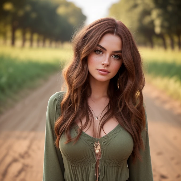 Best quality, high quality, detailed, difficult, Natural colors, woman, reddish hair, green eyes, long hair, Wavy hair, eyeshadow, Oval face, snub nose, Heart-shaped lips, arched eyebrows, flowers, Rose, the forest, beautiful breasts, neckline on dress, long hair, ((big natural breasts 2.0)), full length, heels, expressive eyes, Short skirt