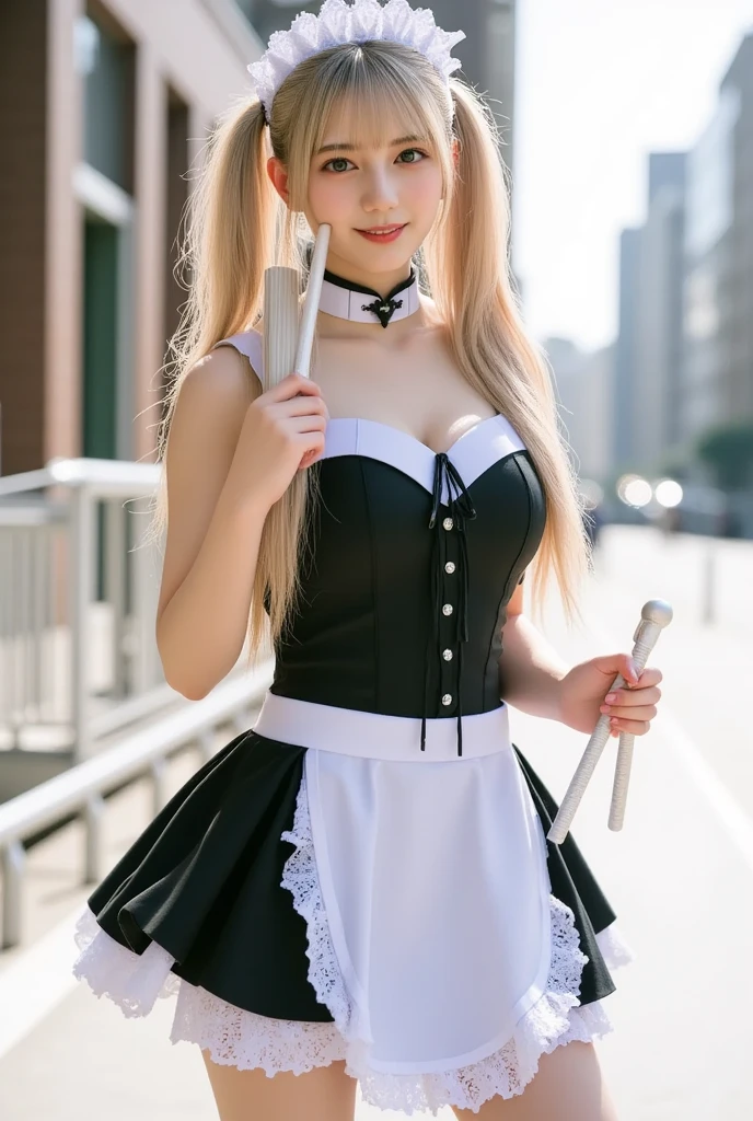 ((top-quality、masutepiece、hight resolution))、(Zoom photo from the front:1.75、Pose inviting a man、On the street at night、pony tail hair、Blonde hair:1.5、Small cleavage、Cute smile:1.45、1 cat ear maid、Black tights)、kawaii faces、(((Black Maid Costume)))
