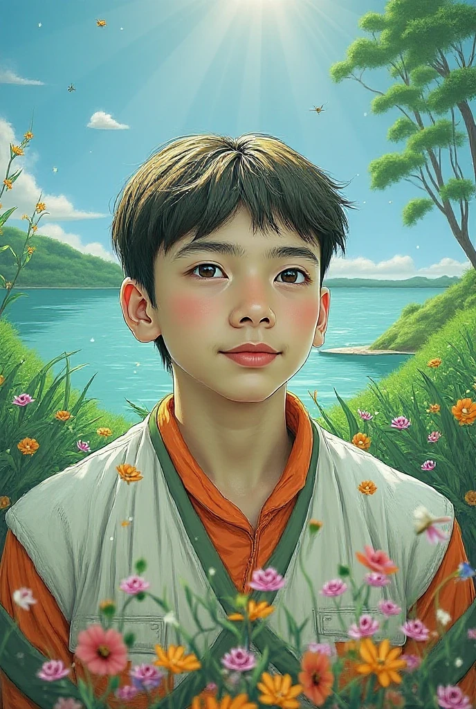1boys,looking at viewert,beatiful detailed eyes,largeeyes,ssmile,Yellow theme,(Monk's robes),light in face,cinmatic lighting,The upper part of the body,exteriors,cherry tree,