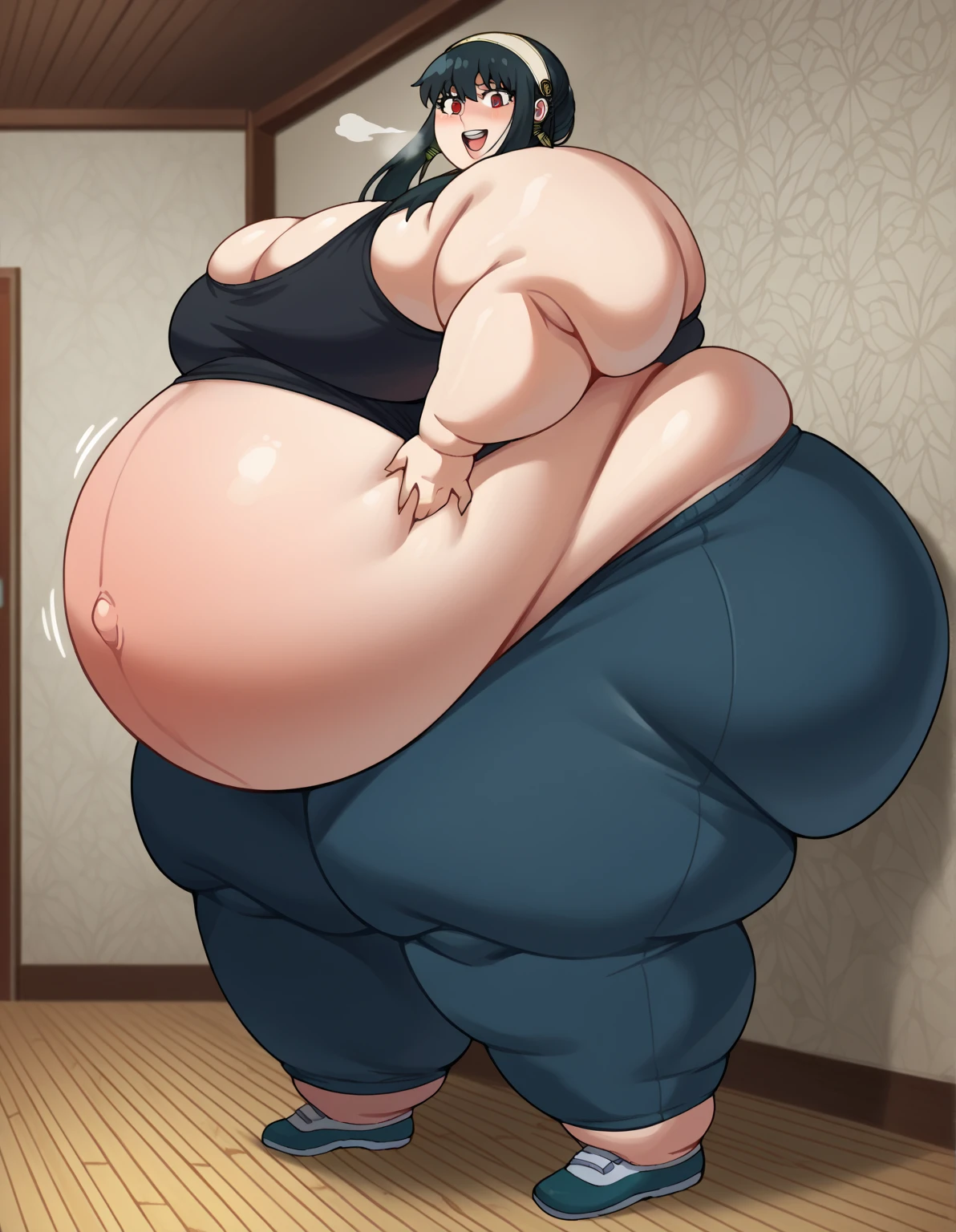 (masterpiece, detailed, realistic, best quality, highres,:1.2), young woman, USSBBW, (morbidly obese:1.3), (fatblob:1.3), (detailed face, beautiful face), high aesthetic, fat rolls, nude, holding food, wide eyes, wearing a diaper overflowing with poop