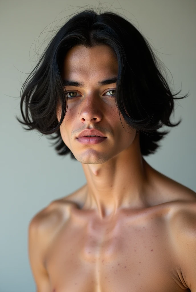 Make a 15 year old MAN very dark with curly and long dark brown hair, thin physique with completely naked muscle
