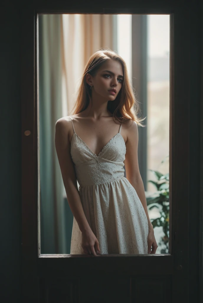  filles de 13 ans, puéril, Cuisses fines, poitrine, Mince, robe courte blanche transparente, silhouette douce, rétroéclairage doux, debout près de la fenêtre de la chambre, matin, lumière du soleil, réchauffer, Doigts entrelacés, rousse avec des tache de rousseur, scandinave
