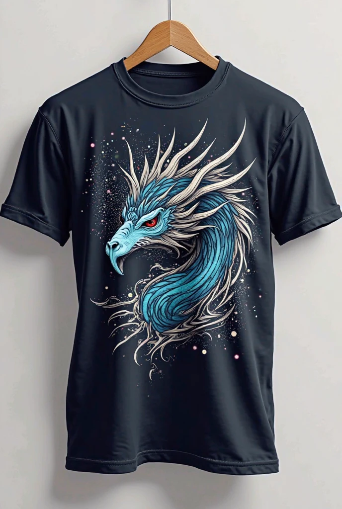 A person wearing a white T-shirt with a custom design of a blue dragon