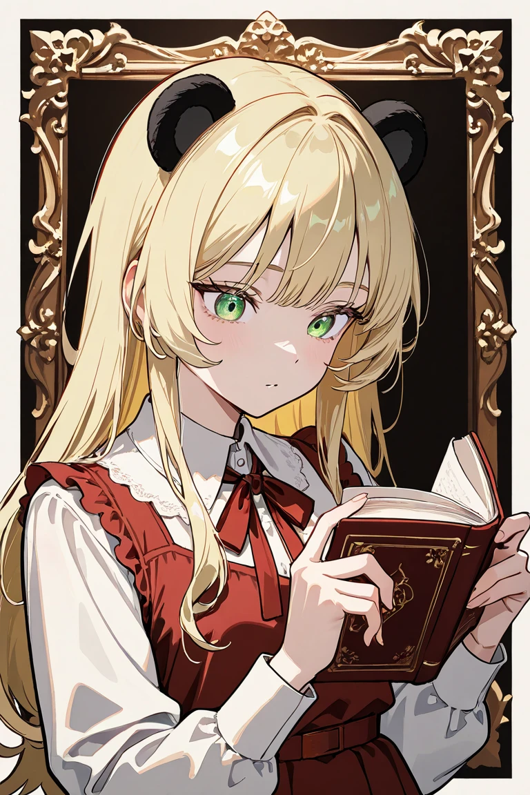 1girl, solo,
blonde hair, long hair, high ponytail, hair intakes,
red eyes, long eyelashes, thick eyelashes, looking at viewer,
red dress, juliet sleeves, long sleeves, collarbone,
indoors, library, books, (renaissance, vintage:1.2), dark, night, candlelight,