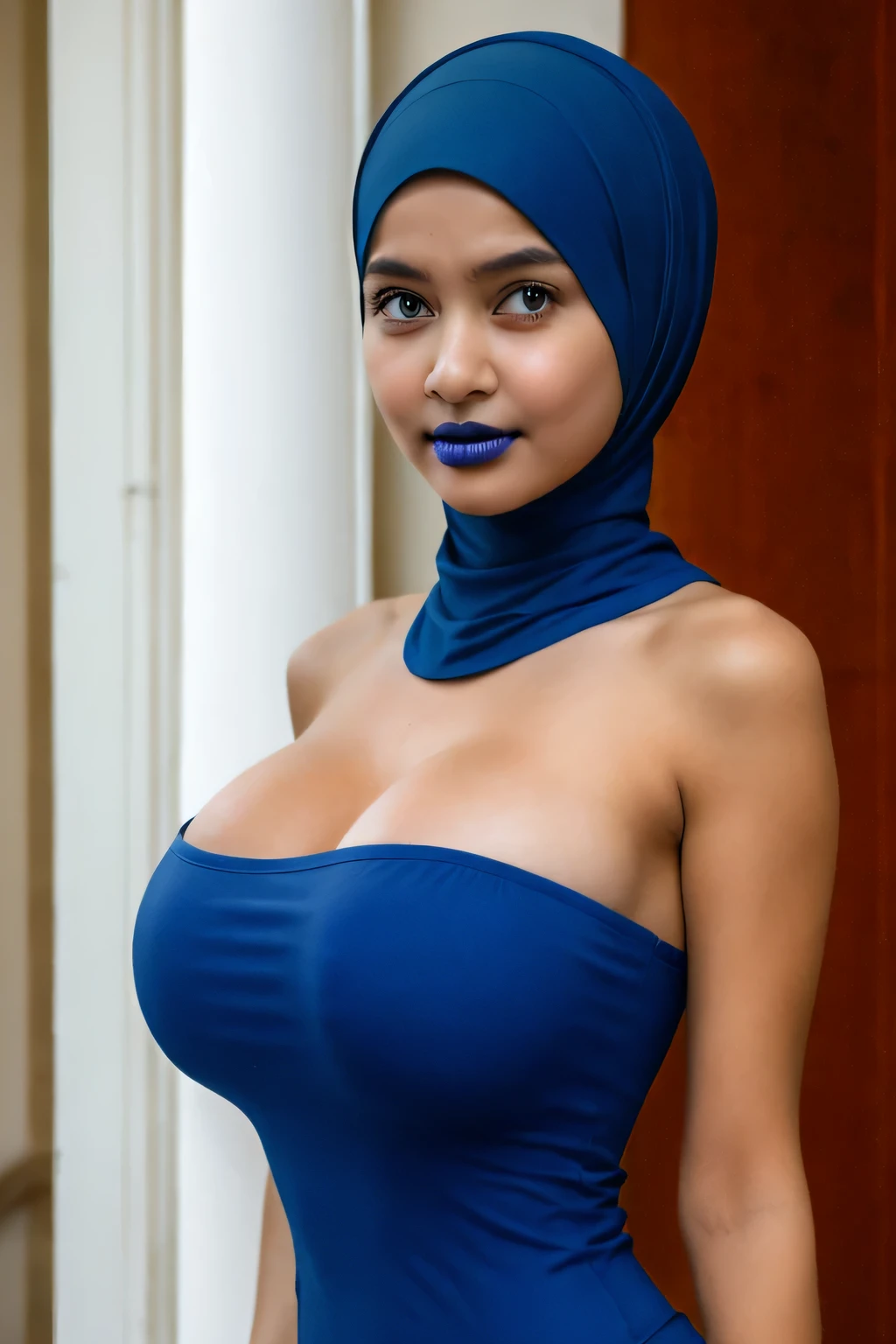 RAW, Best quality, high resolution, masterpiece: 1.3), BUSTY AISHWARYA RAI in hijab (wearing hijab), full hijab, Masterpiece, perfect fit body, (big cleavage, wide hips, navel), Big breasts, beautiful big eyes, Soft smile,RAW, Best quality, high resolution, masterpiece: 1.3), busty AISHWARYA RAI in hijab (wearing hijab), full hijab, Masterpiece, perfect fit body, big breast, big orgeous eyes, Soft smile, woman in a blue dress standing against a wall, product photo, dark blue, medium blue, idian dress, icey blue dress, product image, navy blue, BUSTY, official product image, elegant dark blue dress, navy-blue, dress, pastel blue, midnight-blue, productphoto, serena malyon, blue outfit, beatrice blue, mega , smooth turtleneck, , hairband, evening walk, City park, Great lighting, Bright colors, Clean lines